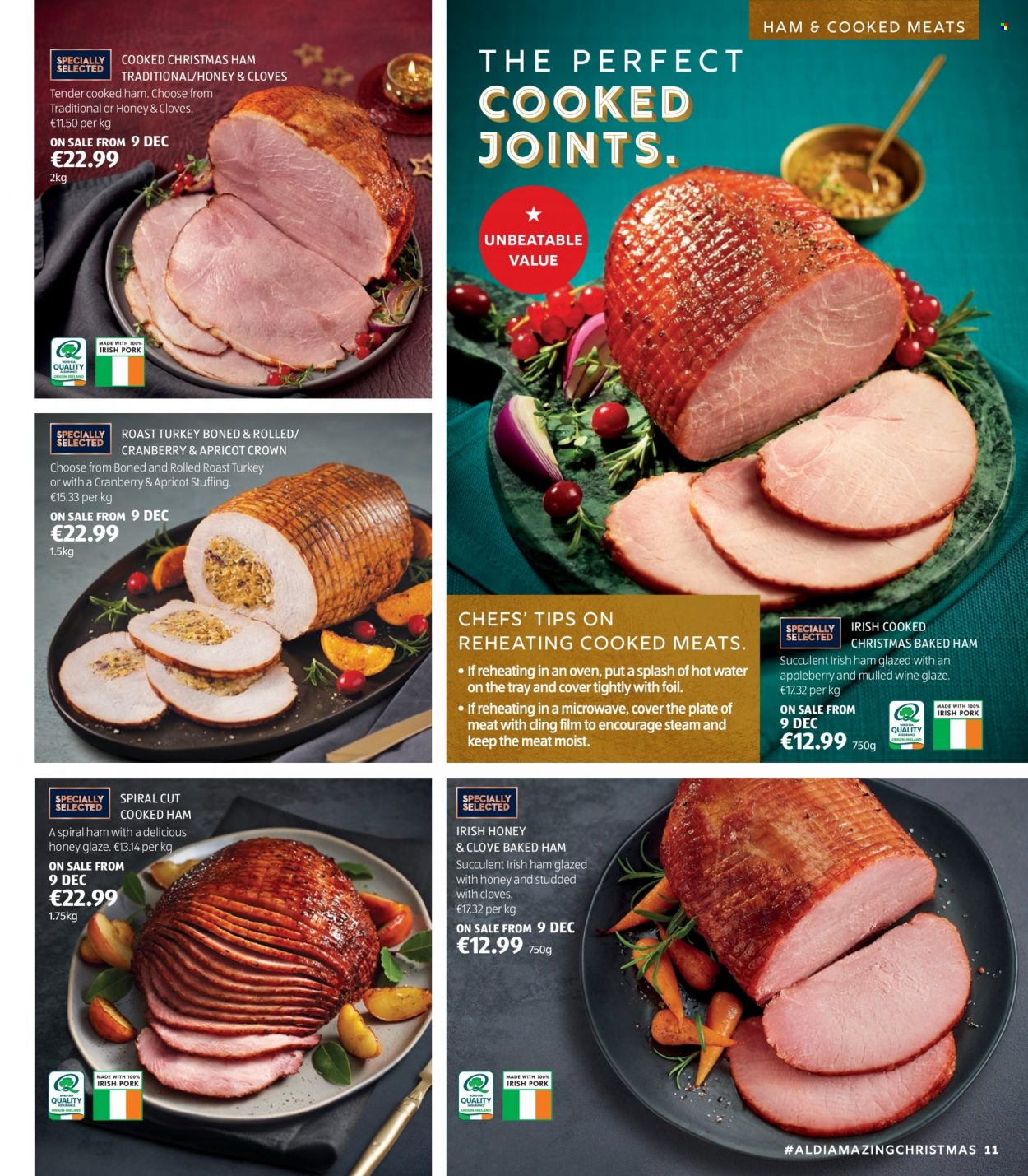 thumbnail - Aldi offer  - Sales products - cooked ham, ham, spiral ham, cloves, wine, tray, succulent. Page 11.