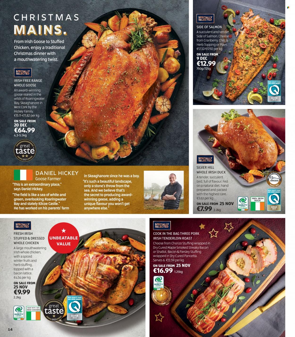 thumbnail - Aldi offer  - Sales products - parsley, salmon, stuffed chicken, bacon, pancetta, chorizo, streaky bacon, topping, Castle, whole chicken, whole goose, succulent. Page 14.