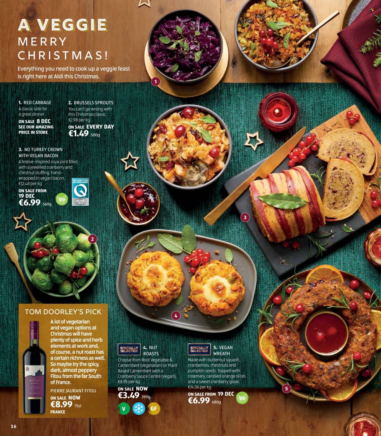 thumbnail - Aldi offer  - Sales products - butternut squash, cabbage, brussel sprouts, oranges, sauce, bacon, camembert, cranberries, rosemary, spice, herbs, cranberry sauce, chestnuts, pumpkin seeds, turkey crown, Plenty. Page 16.
