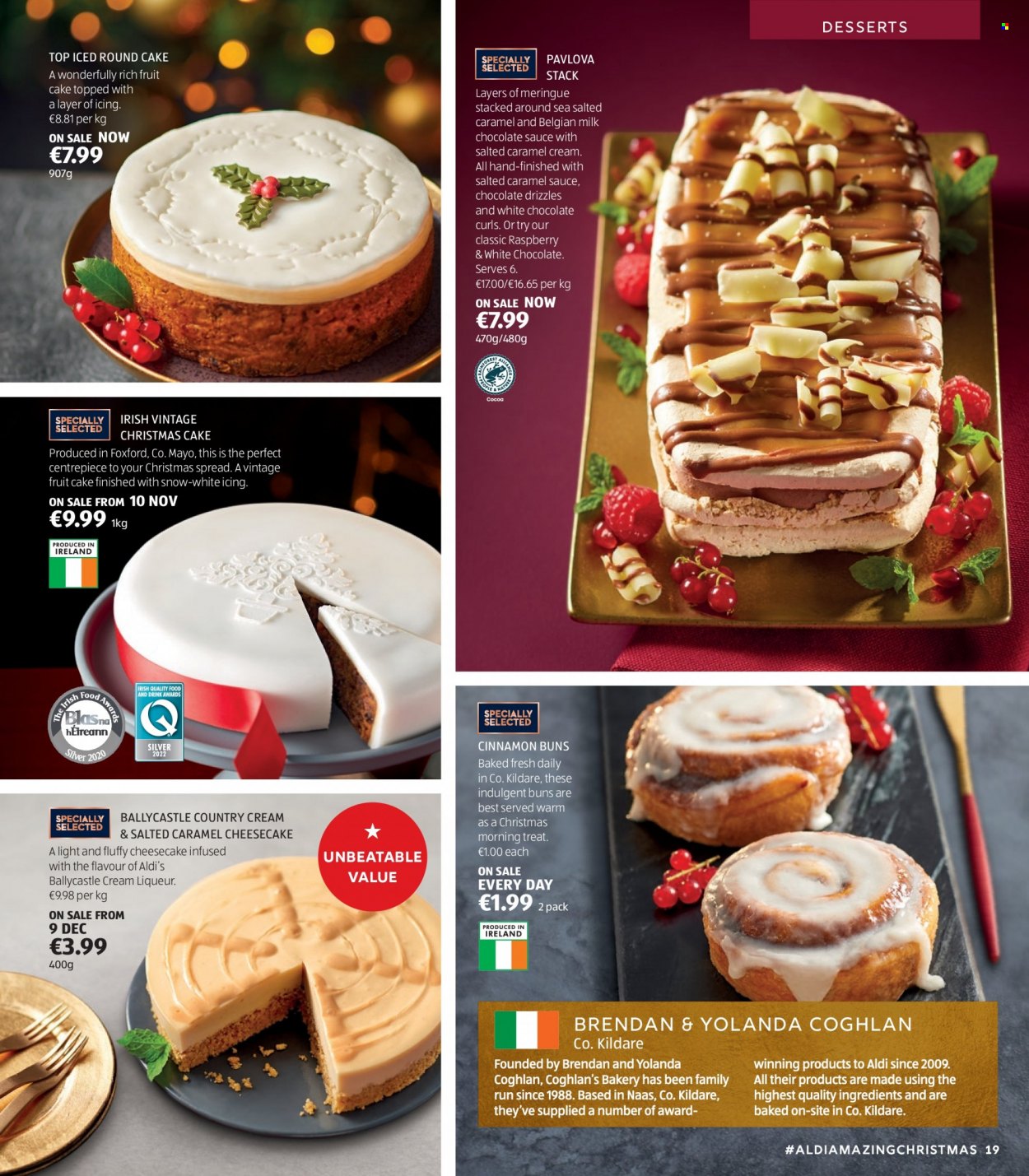 thumbnail - Aldi offer  - Sales products - buns, cheesecake, christmas cake, milk chocolate, cinnamon, liqueur. Page 19.