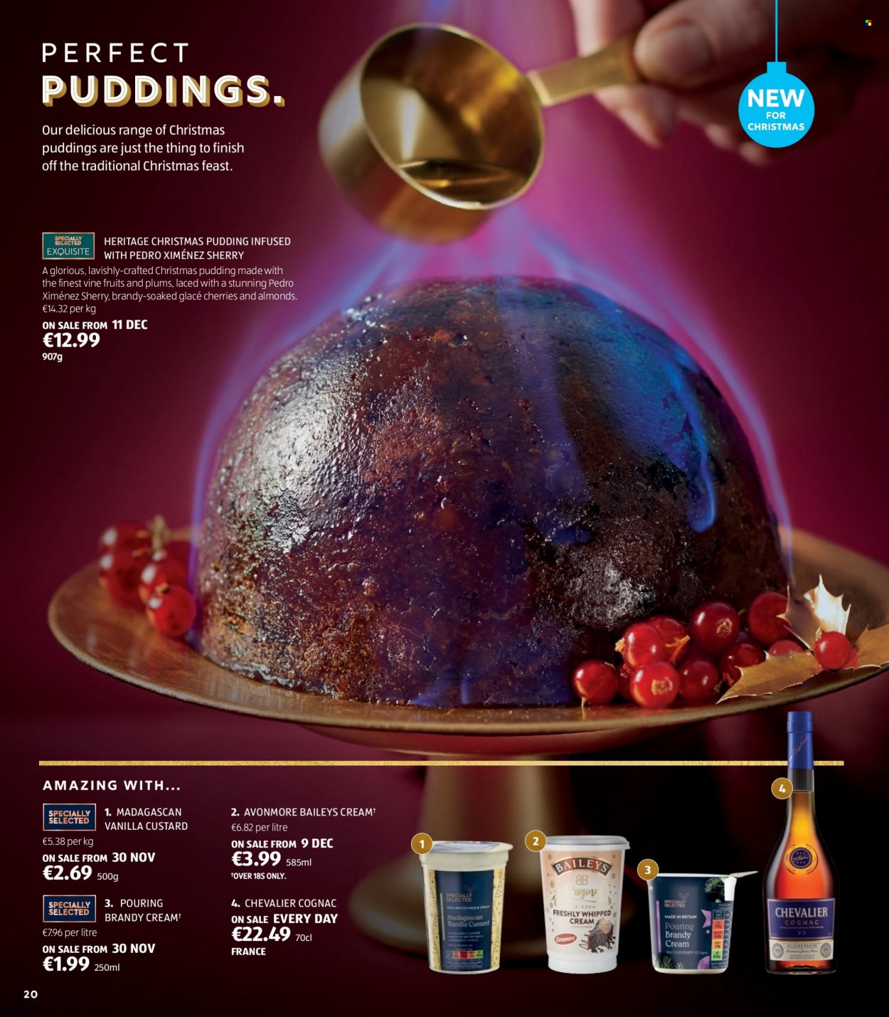 thumbnail - Aldi offer  - Sales products - plums, custard, pudding, almonds, brandy, cognac, sherry, Baileys. Page 20.