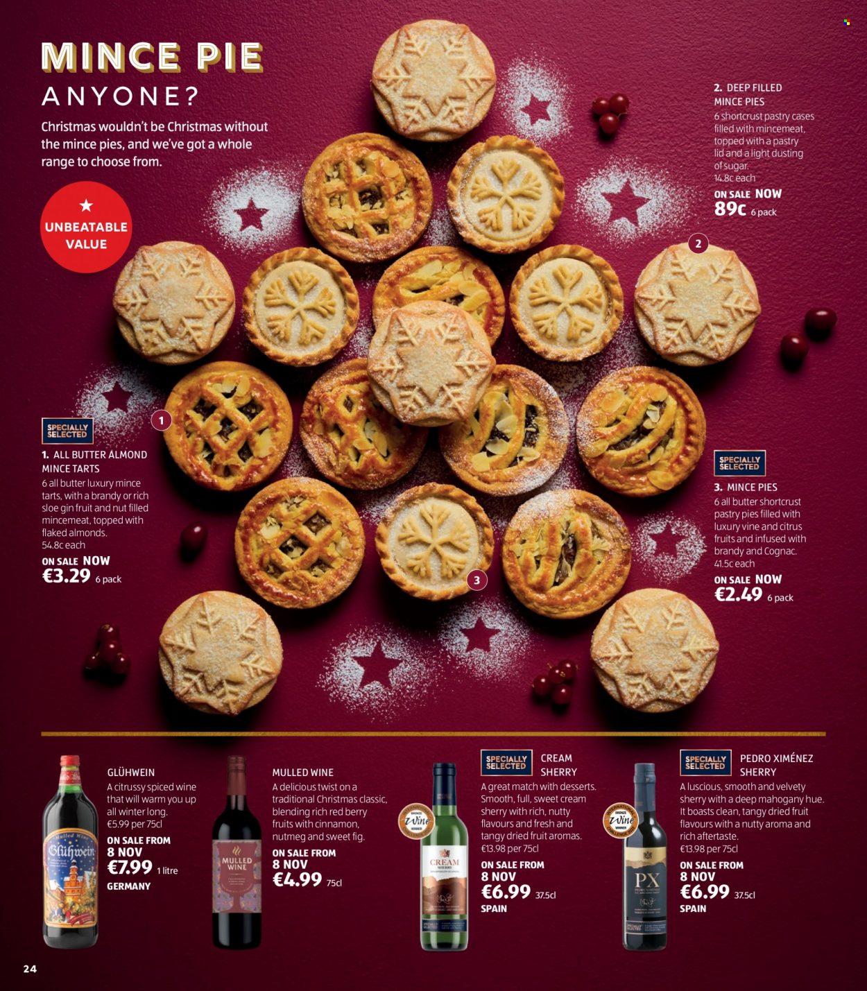thumbnail - Aldi offer  - Sales products - pie, shortcrust pastry, sugar, nutmeg, almonds, dried fruit, wine, brandy, cognac, gin, sherry, lid. Page 24.