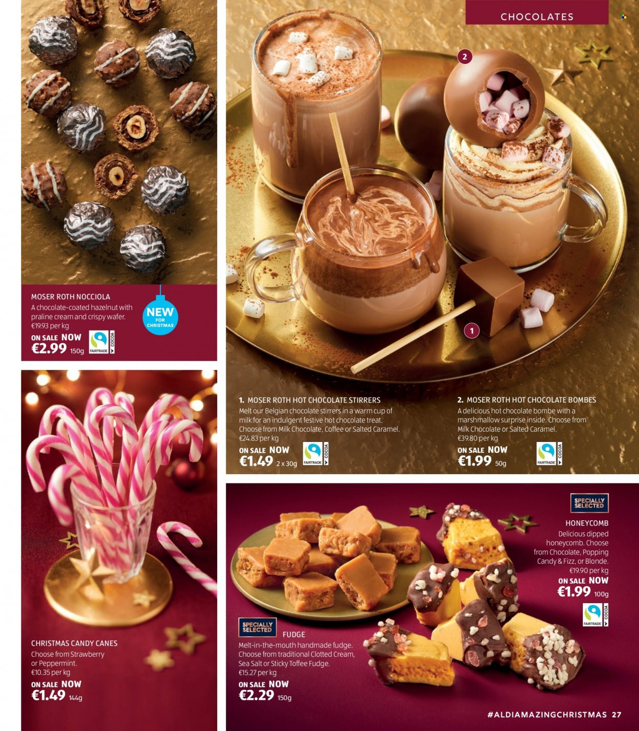 thumbnail - Aldi offer  - Sales products - fudge, marshmallows, milk chocolate, wafers, toffee, Moser Roth, hot chocolate, coffee, cup. Page 27.