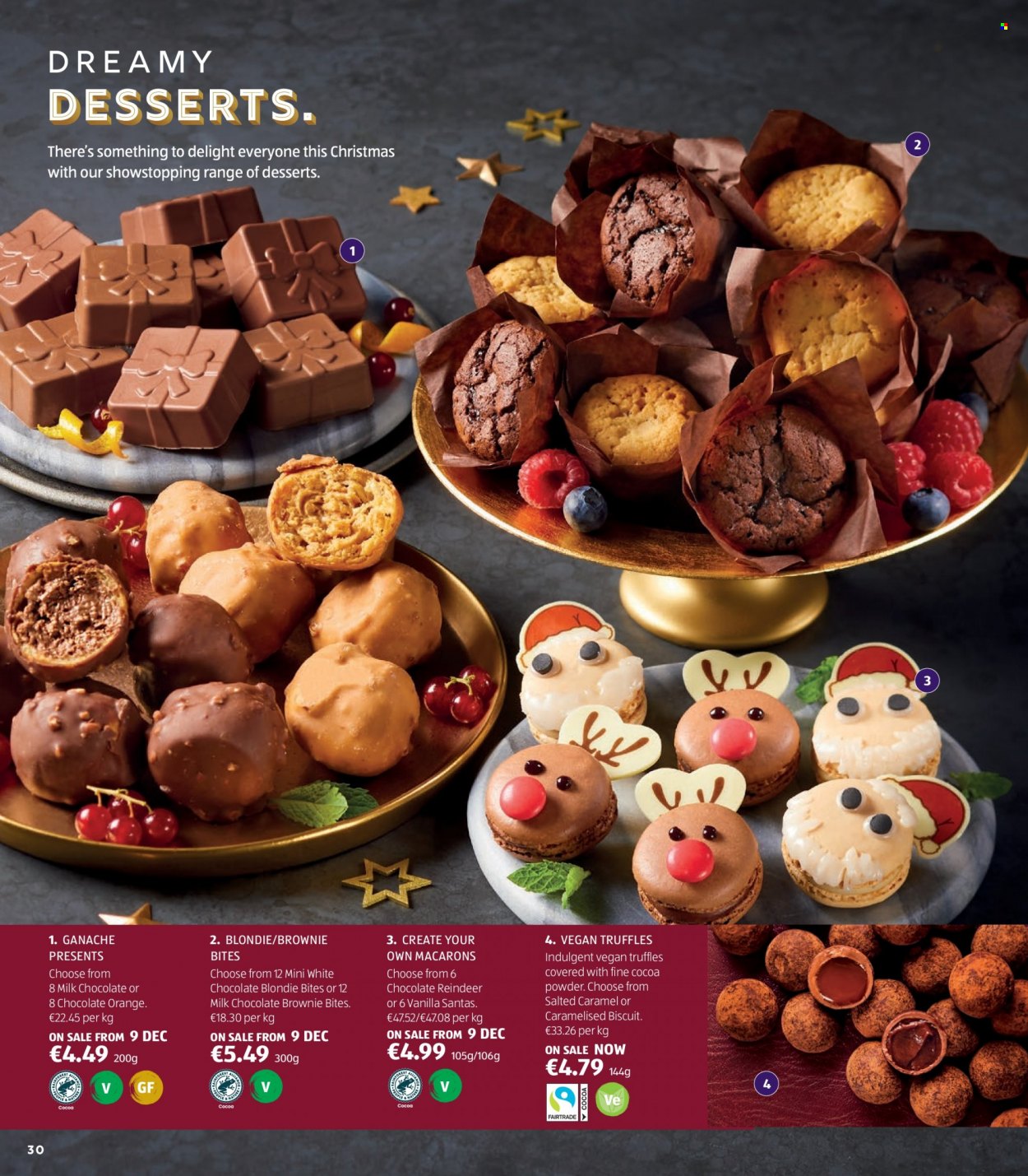 thumbnail - Aldi offer  - Sales products - brownies, macaroons, milk chocolate, white chocolate, chocolate, truffles, biscuit, reindeer. Page 30.