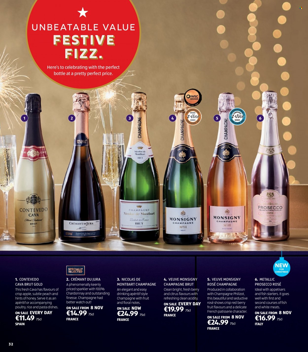 thumbnail - Aldi offer  - Sales products - pasta sides, rice, honey, white wine, champagne, prosecco, Chardonnay, rosé wine, aperitif, watch. Page 32.