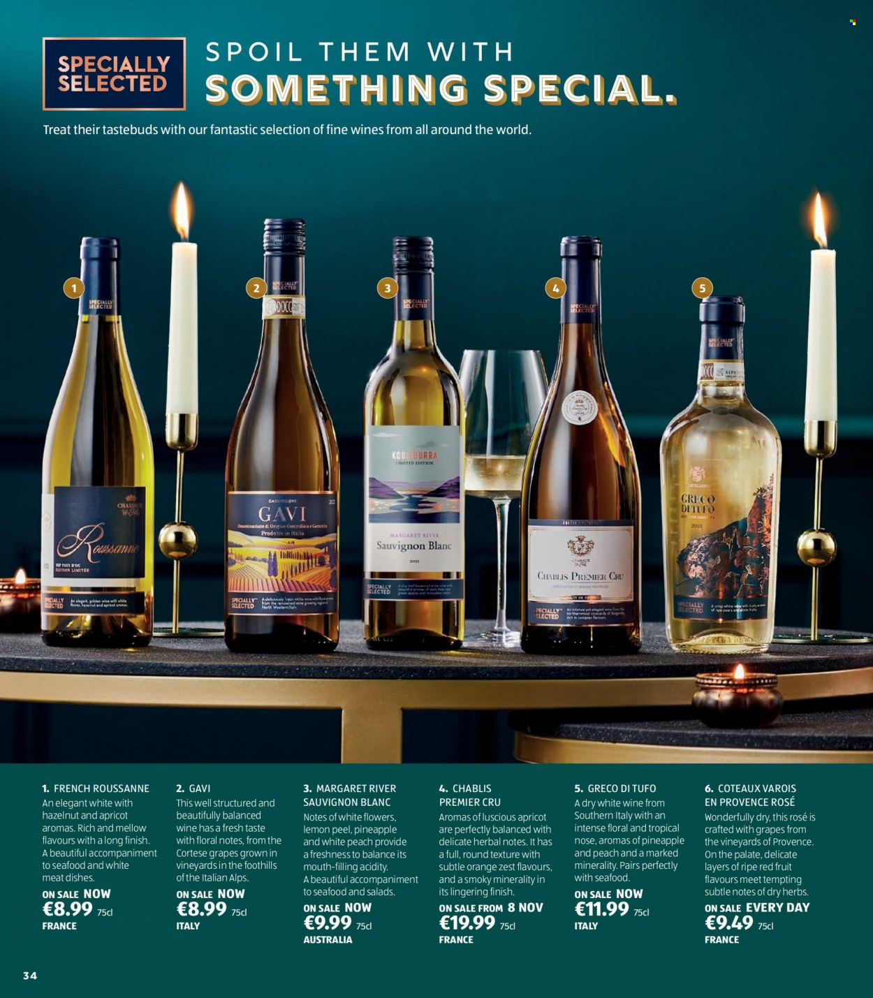 thumbnail - Aldi offer  - Sales products - grapes, oranges, seafood, herbs, white wine, wine, Sauvignon Blanc, rosé wine. Page 34.