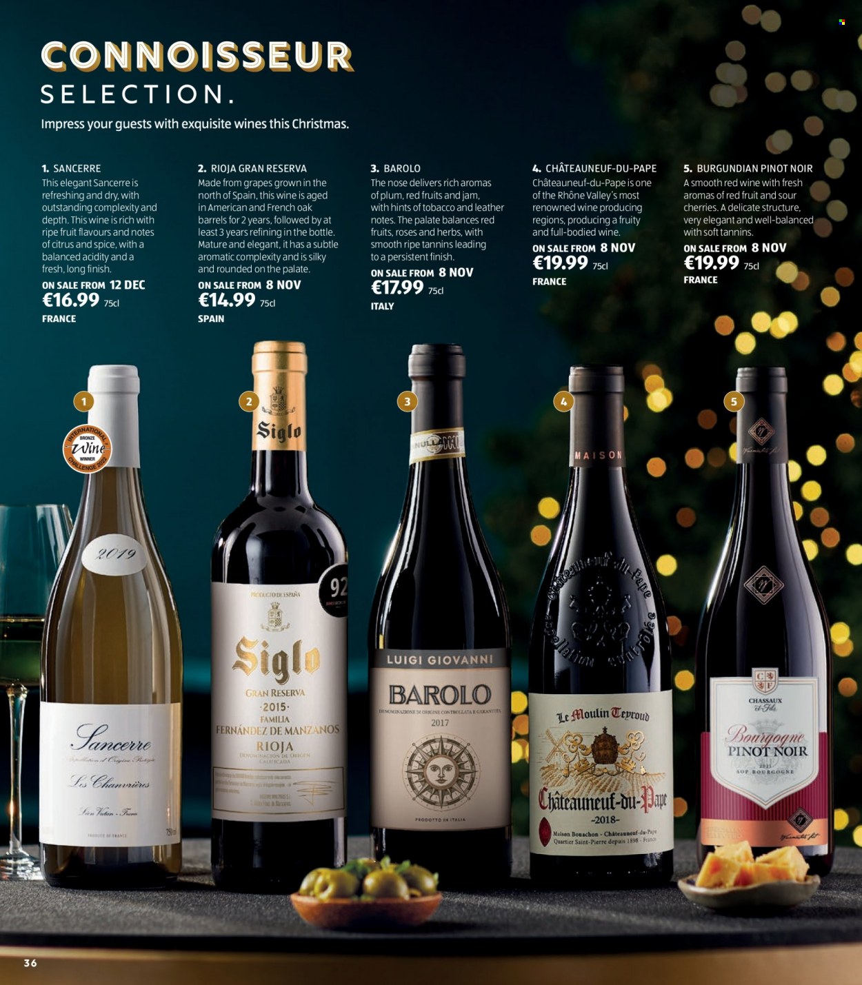 thumbnail - Aldi offer  - Sales products - cherries, spice, herbs, fruit jam, red wine, wine, Pinot Noir. Page 36.