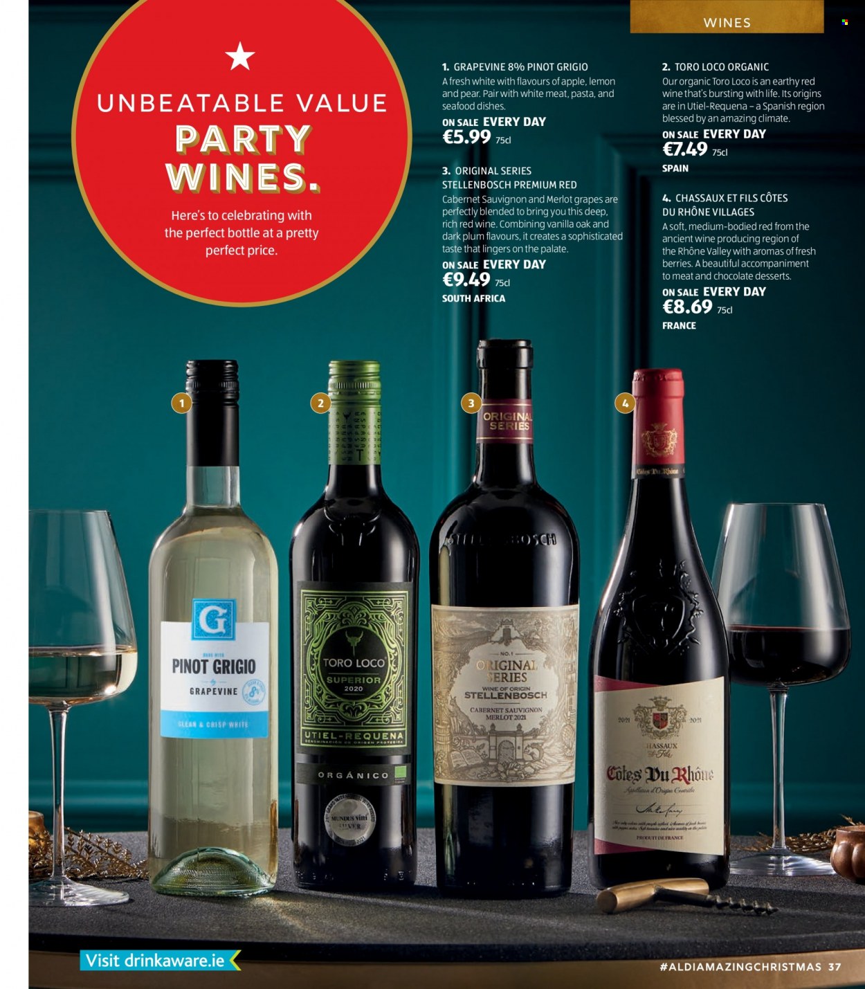 thumbnail - Aldi offer  - Sales products - grapes, pears, seafood, pasta, Cabernet Sauvignon, red wine, white wine, wine, Merlot, Pinot Grigio. Page 37.