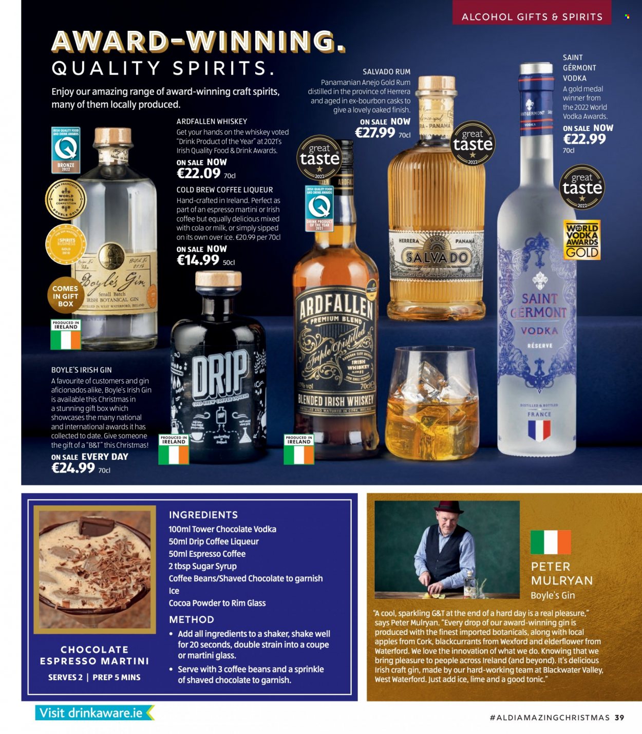 thumbnail - Aldi offer  - Sales products - apples, milk, shake, chocolate, sugar, syrup, tonic, coffee beans, alcohol, bourbon, gin, liqueur, rum, vodka, whiskey, Martini, whisky, shaker, gift box, Medal. Page 39.