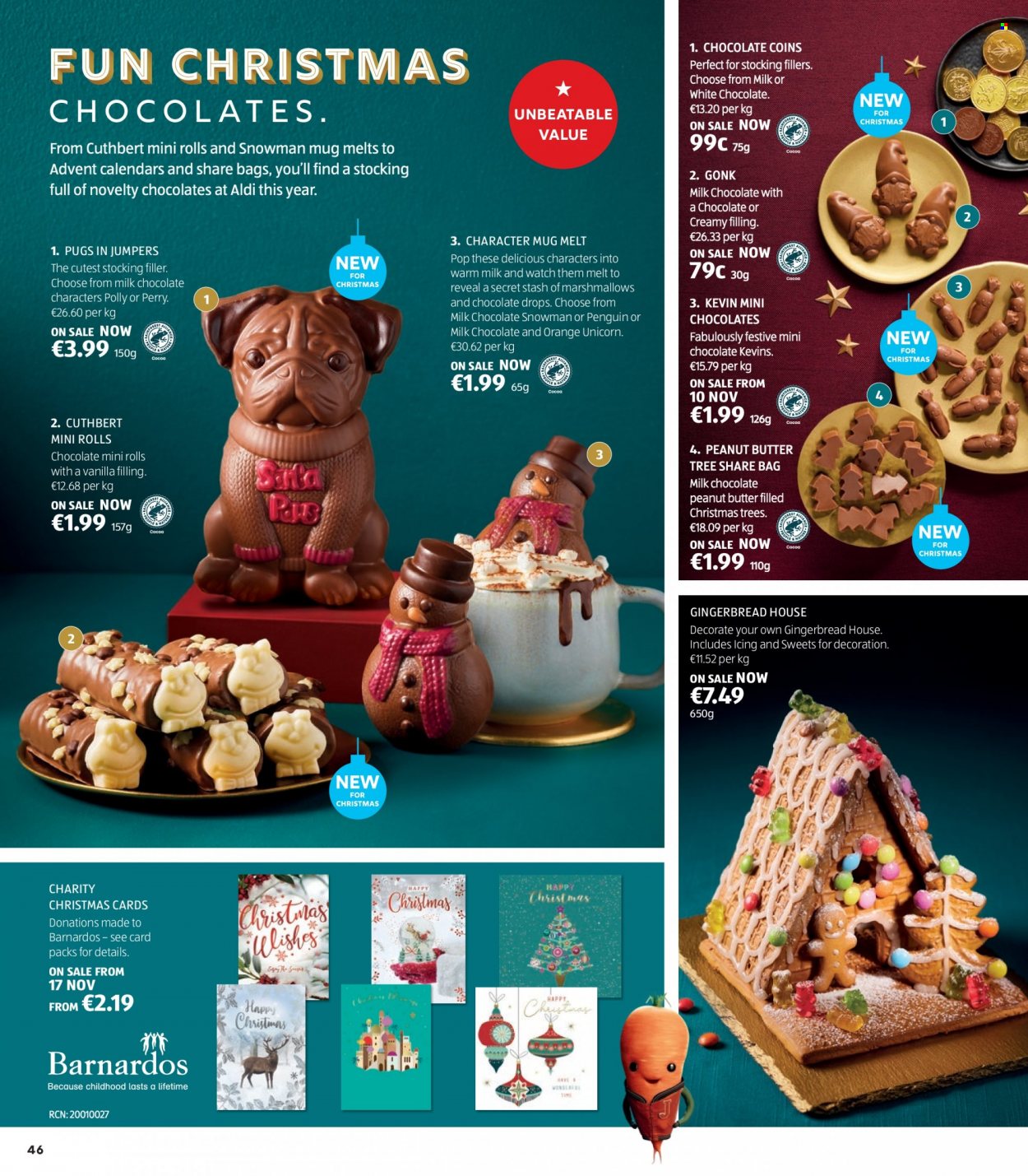 thumbnail - Aldi offer  - Sales products - gingerbread, oranges, marshmallows, milk chocolate, white chocolate, peanut butter, bag, mug, watch, penguin. Page 46.