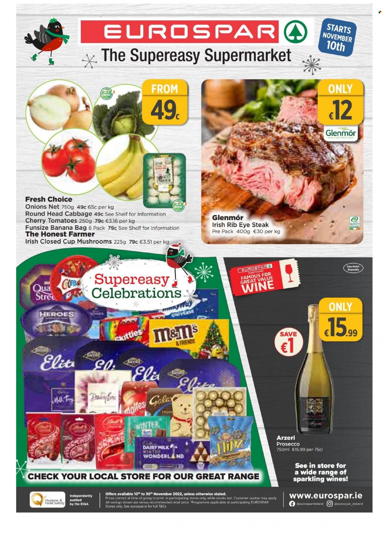 thumbnail - EUROSPAR offer  - 10.11.2022 - 30.11.2022 - Sales products - cabbage, tomatoes, onion, cherries, M&M's, Celebration, Dairy Milk, sparkling wine, prosecco, wine, alcohol, beef meat, steak, ribeye steak. Page 1.