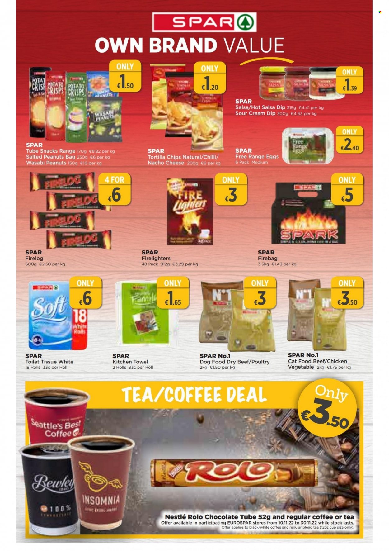 thumbnail - EUROSPAR offer  - 10.11.2022 - 30.11.2022 - Sales products - cheese, eggs, sour cream, dip, Nestlé, chocolate, snack, tortilla chips, potato crisps, chips, wasabi, salsa, peanuts, tea, toilet paper, kitchen towels, firelighter, cup, animal food, cat food, dog food. Page 5.