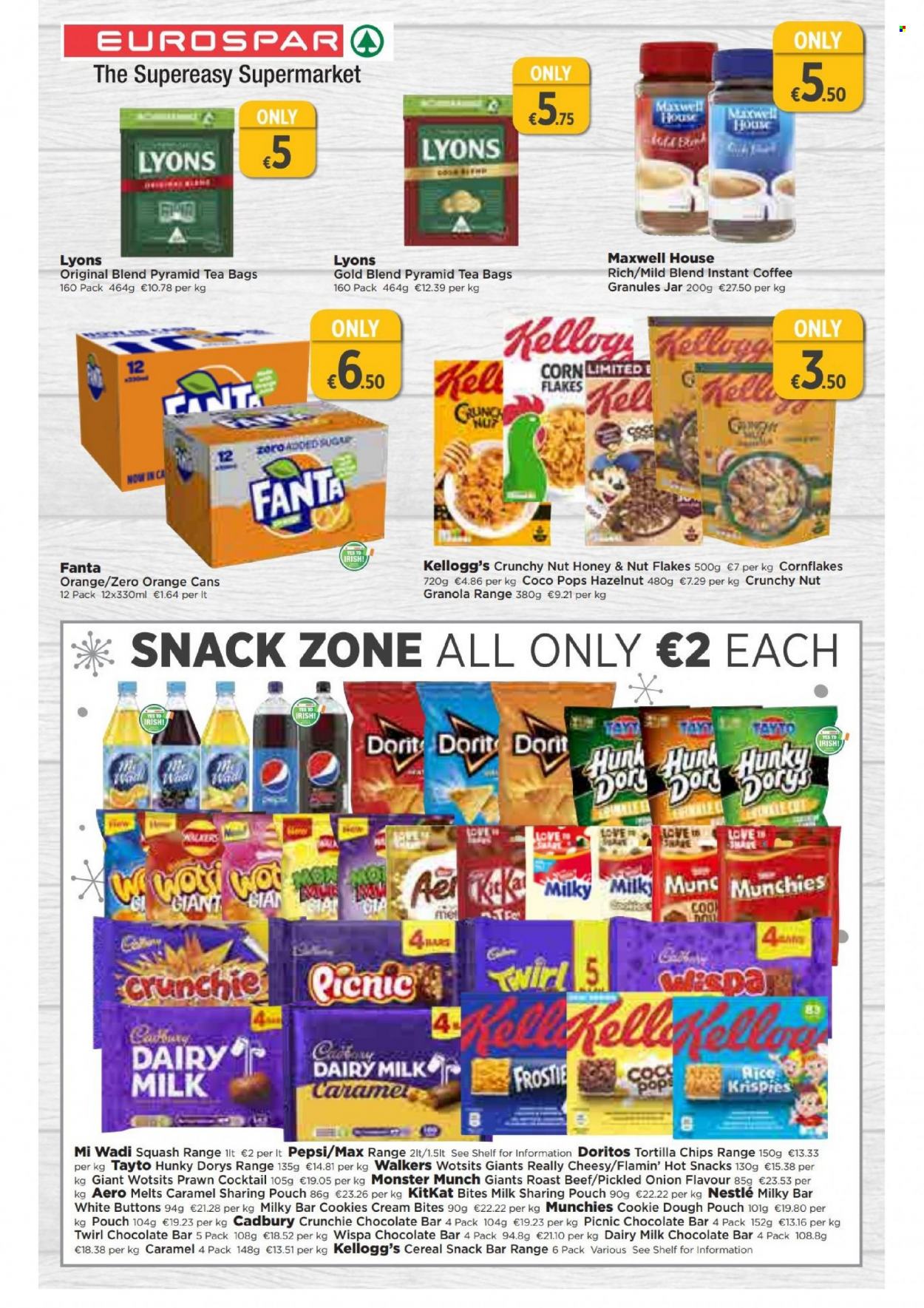 thumbnail - EUROSPAR offer  - 10.11.2022 - 30.11.2022 - Sales products - corn, oranges, prawns, cookie dough, cookies, milk chocolate, Nestlé, snack, KitKat, Monster Munch, Kellogg's, Cadbury, Milkybar, Dairy Milk, snack bar, chocolate bar, Doritos, tortilla chips, chips, Tayto, cereals, granola, corn flakes, coco pops, rice pops, rice, caramel, honey, Pepsi, Fanta, Monster, Maxwell House, tea bags, Lyons, instant coffee, beef meat, roast beef, jar. Page 10.