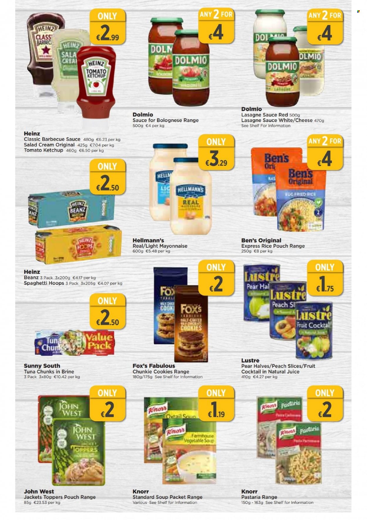 thumbnail - EUROSPAR offer  - 10.11.2022 - 30.11.2022 - Sales products - pears, tuna, spaghetti, soup, Knorr, cheese, mayonnaise, salad cream, Hellmann’s, cookies, Heinz, BBQ sauce, ketchup, juice. Page 11.