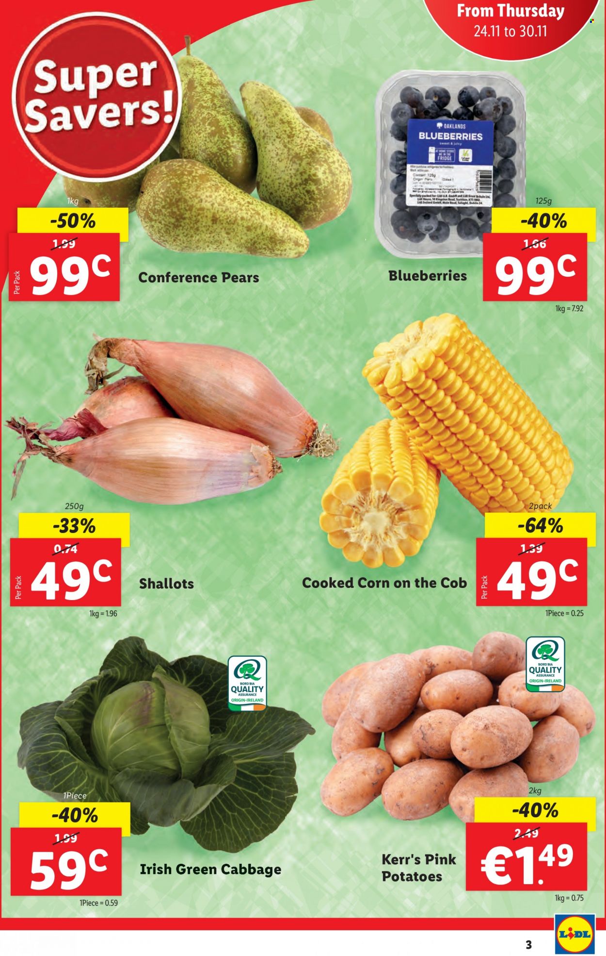 Lidl offer  - 24.11.2022 - 30.11.2022 - Sales products - cabbage, corn, shallots, potatoes, blueberries, pears. Page 3.