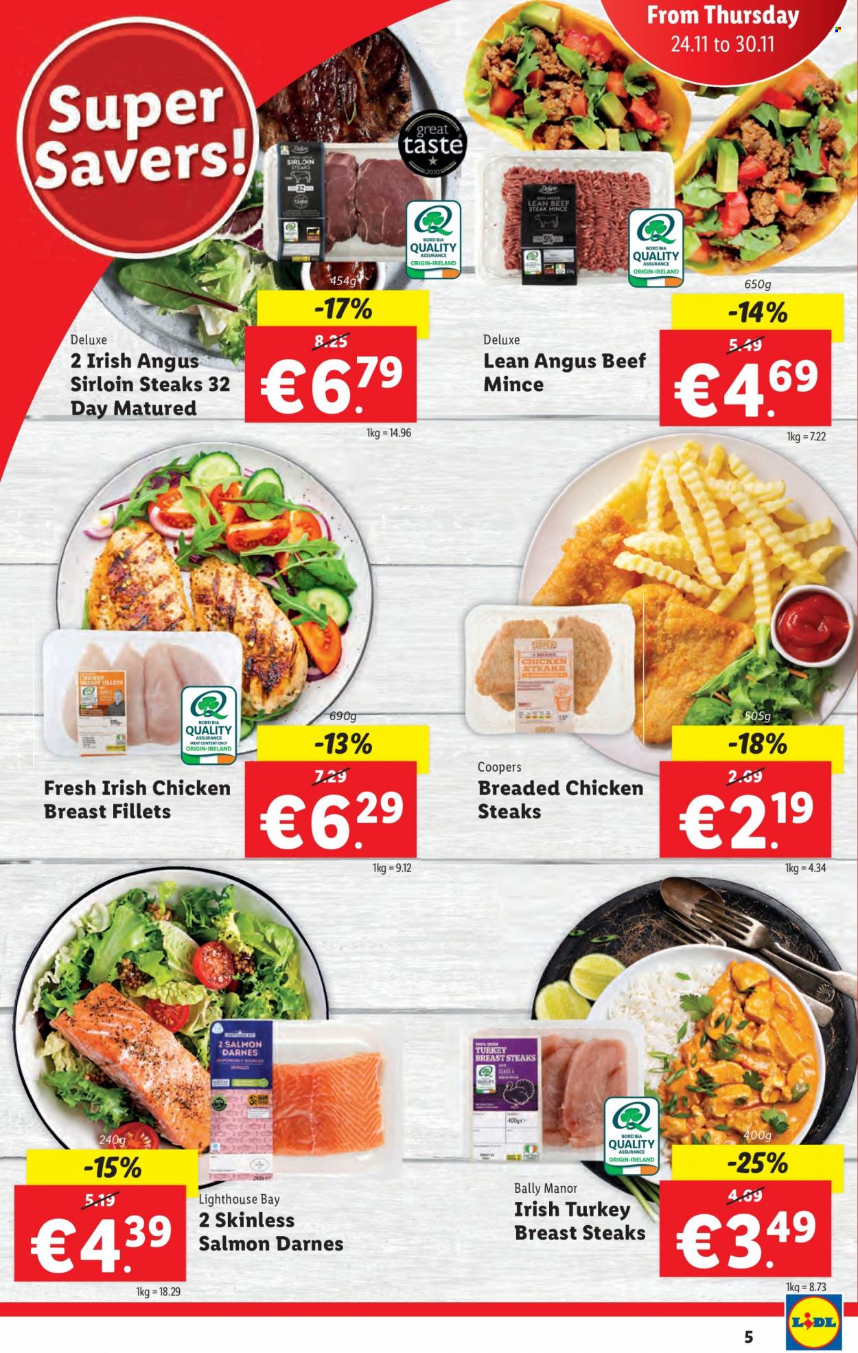 Lidl offer  - 24.11.2022 - 30.11.2022 - Sales products - salmon, fried chicken, turkey breast, chicken meat, turkey meat, beef meat, beef steak, ground beef, steak, sirloin steak, Cooper. Page 5.