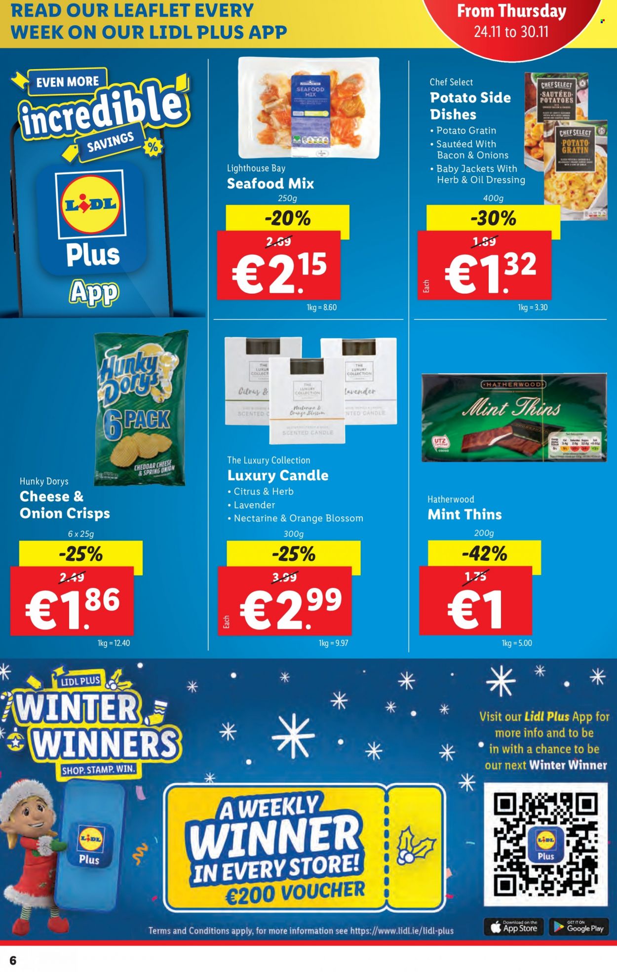 Lidl offer  - 24.11.2022 - 30.11.2022 - Sales products - potatoes, nectarines, seafood, cheddar, Blossom, Thins, dressing, oil, candle, jacket. Page 6.