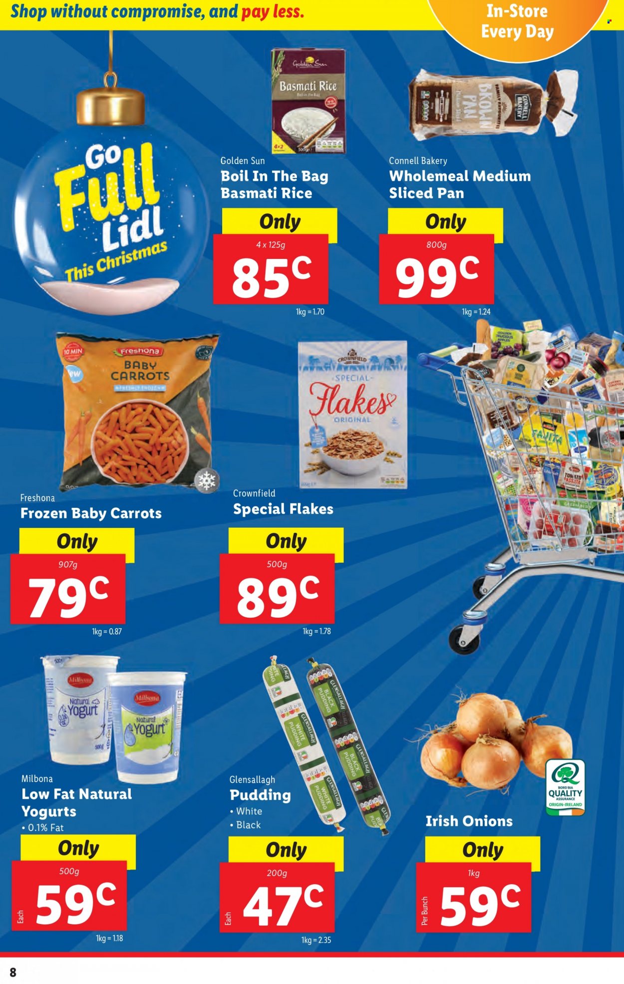 thumbnail - Lidl offer  - 24.11.2022 - 30.11.2022 - Sales products - carrots, tomatoes, onion, Golden Delicious, pudding, yoghurt, basmati rice, rice, pan. Page 8.