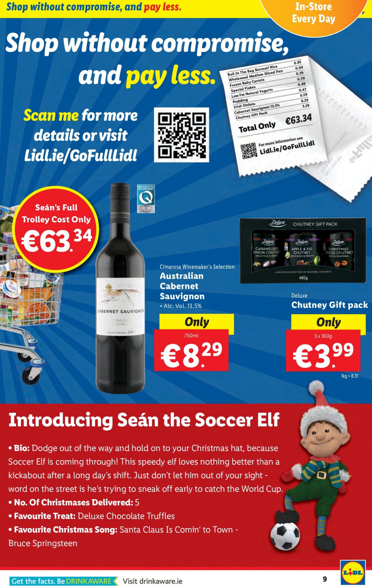thumbnail - Lidl offer  - 24.11.2022 - 30.11.2022 - Sales products - trolley, Elf, Santa Claus, chocolate, truffles, Santa, rice, chutney, Cabernet Sauvignon, red wine, wine, pan, cup, hat. Page 9.