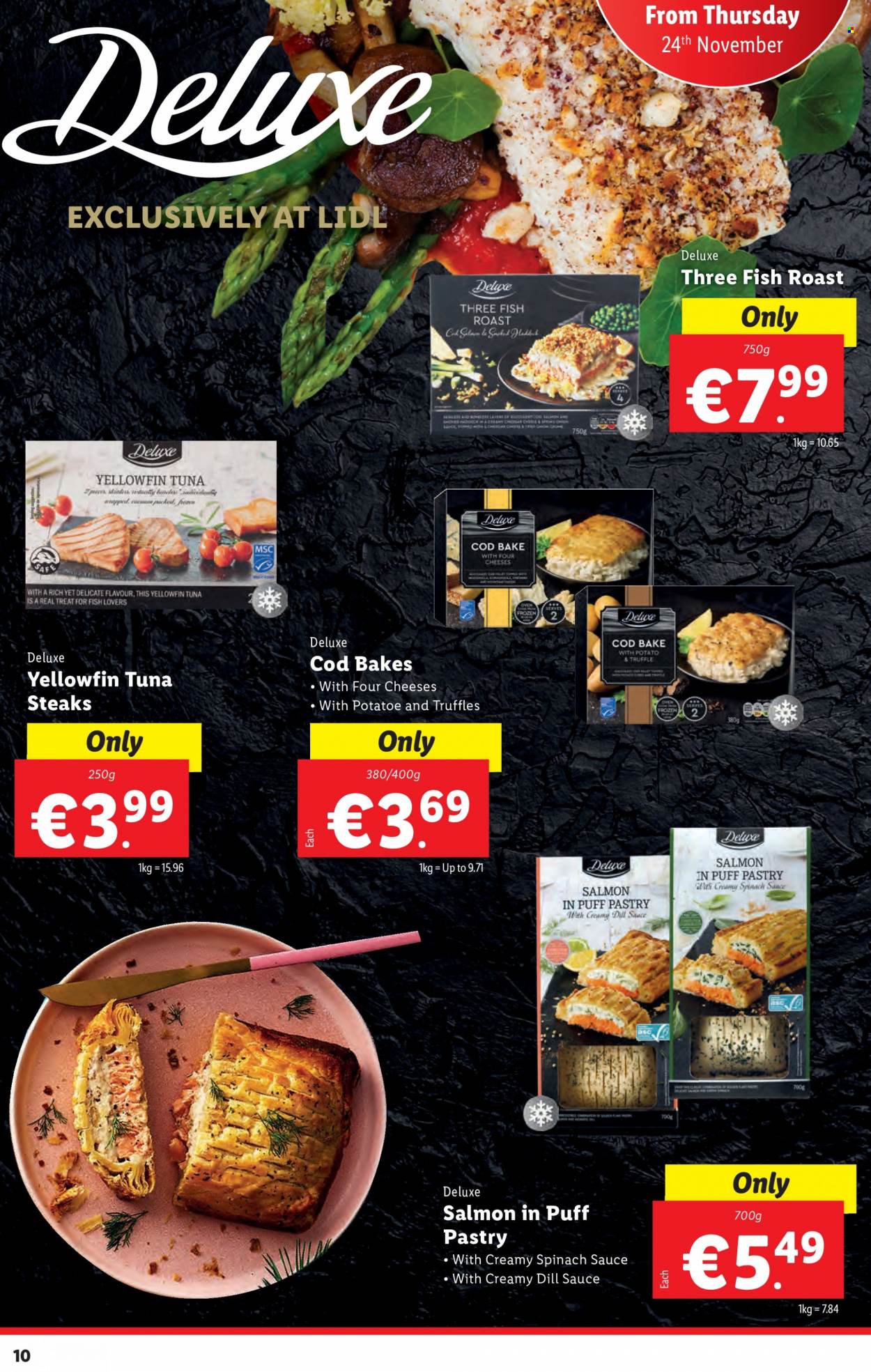 thumbnail - Lidl offer  - 24.11.2022 - 30.11.2022 - Sales products - onion, cod, salmon, tuna, haddock, fish, sauce, cheese, truffles, dill, steak, oven. Page 10.