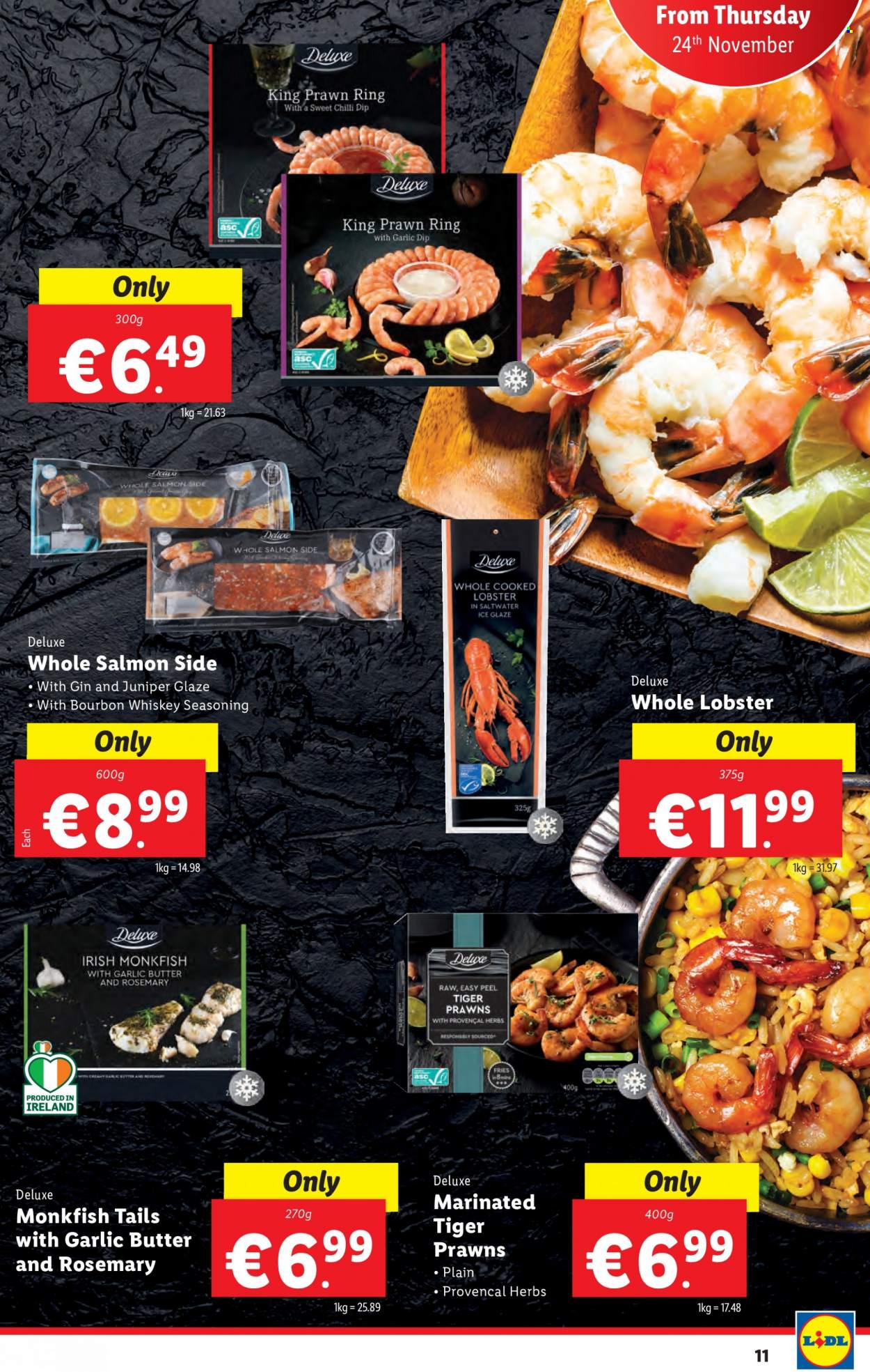 thumbnail - Lidl offer  - 24.11.2022 - 30.11.2022 - Sales products - lobster, monkfish, salmon, prawns, dip, potato fries, rosemary, spice, herbs, gin, whiskey, bourbon whiskey, whisky. Page 11.