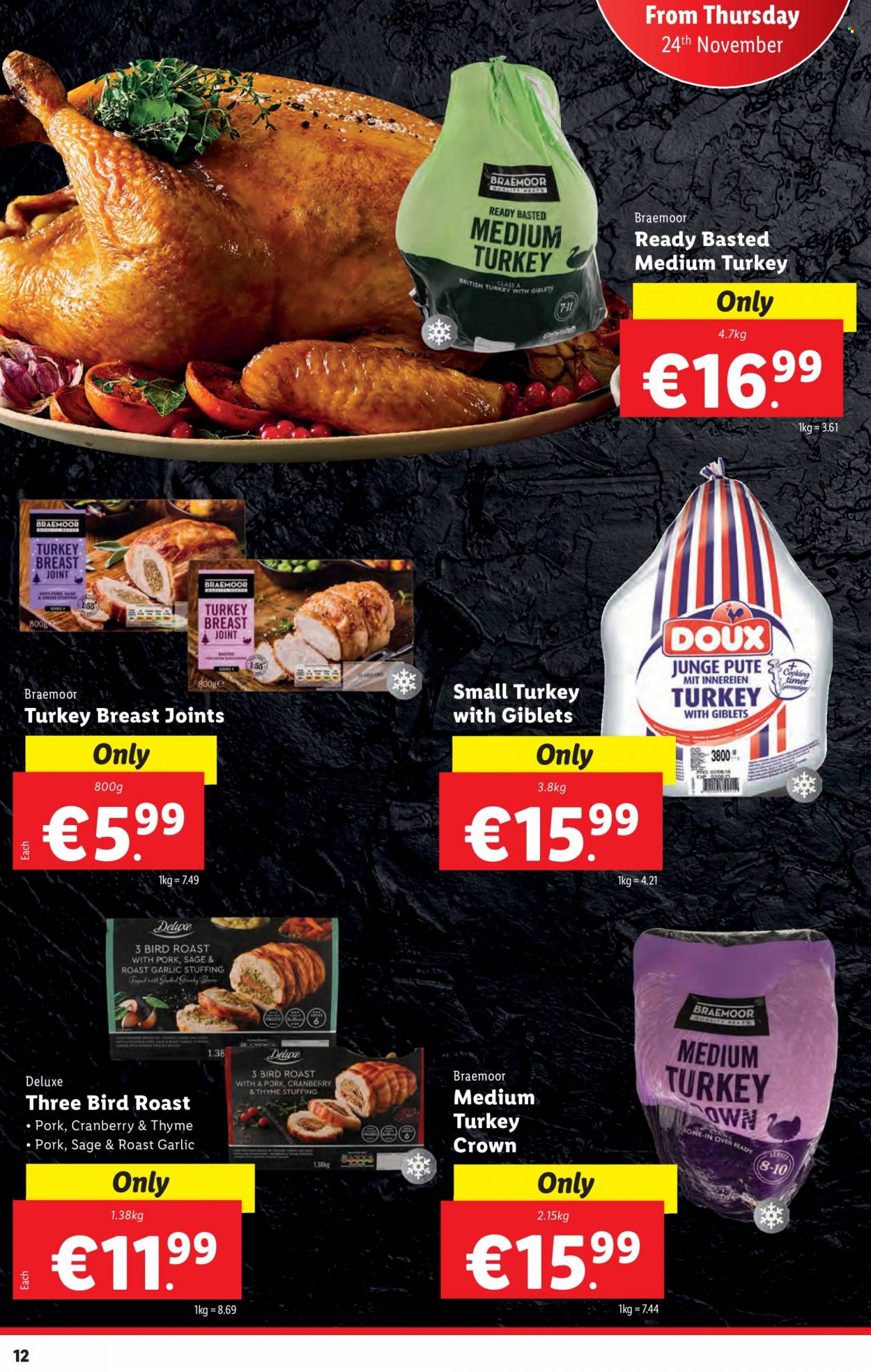 thumbnail - Lidl offer  - 24.11.2022 - 30.11.2022 - Sales products - garlic, turkey breast, turkey joint, turkey crown. Page 12.