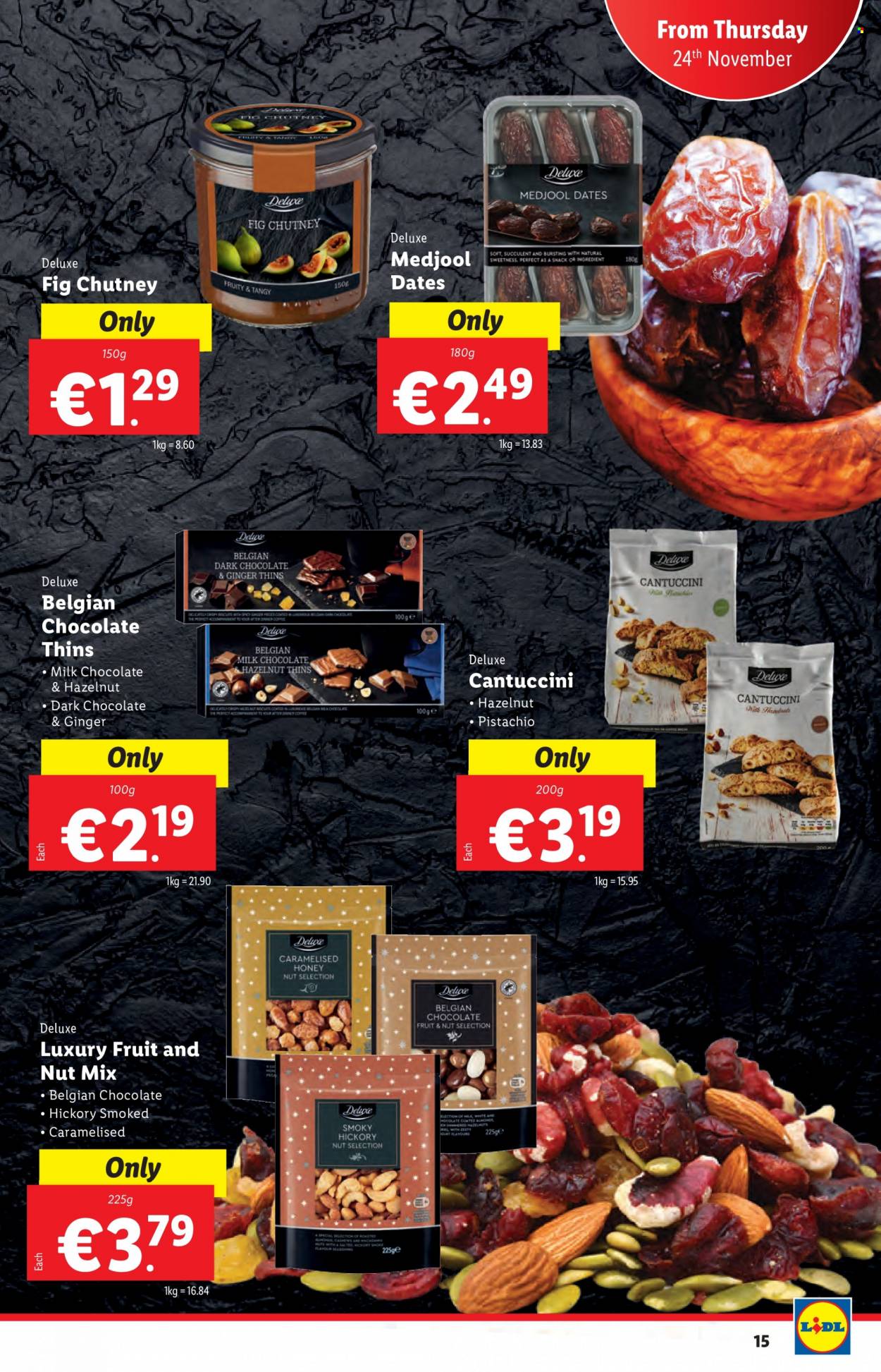 thumbnail - Lidl offer  - 24.11.2022 - 30.11.2022 - Sales products - milk chocolate, chocolate, snack, dark chocolate, Thins, chutney, dried dates, fruit & nut mix, succulent. Page 15.