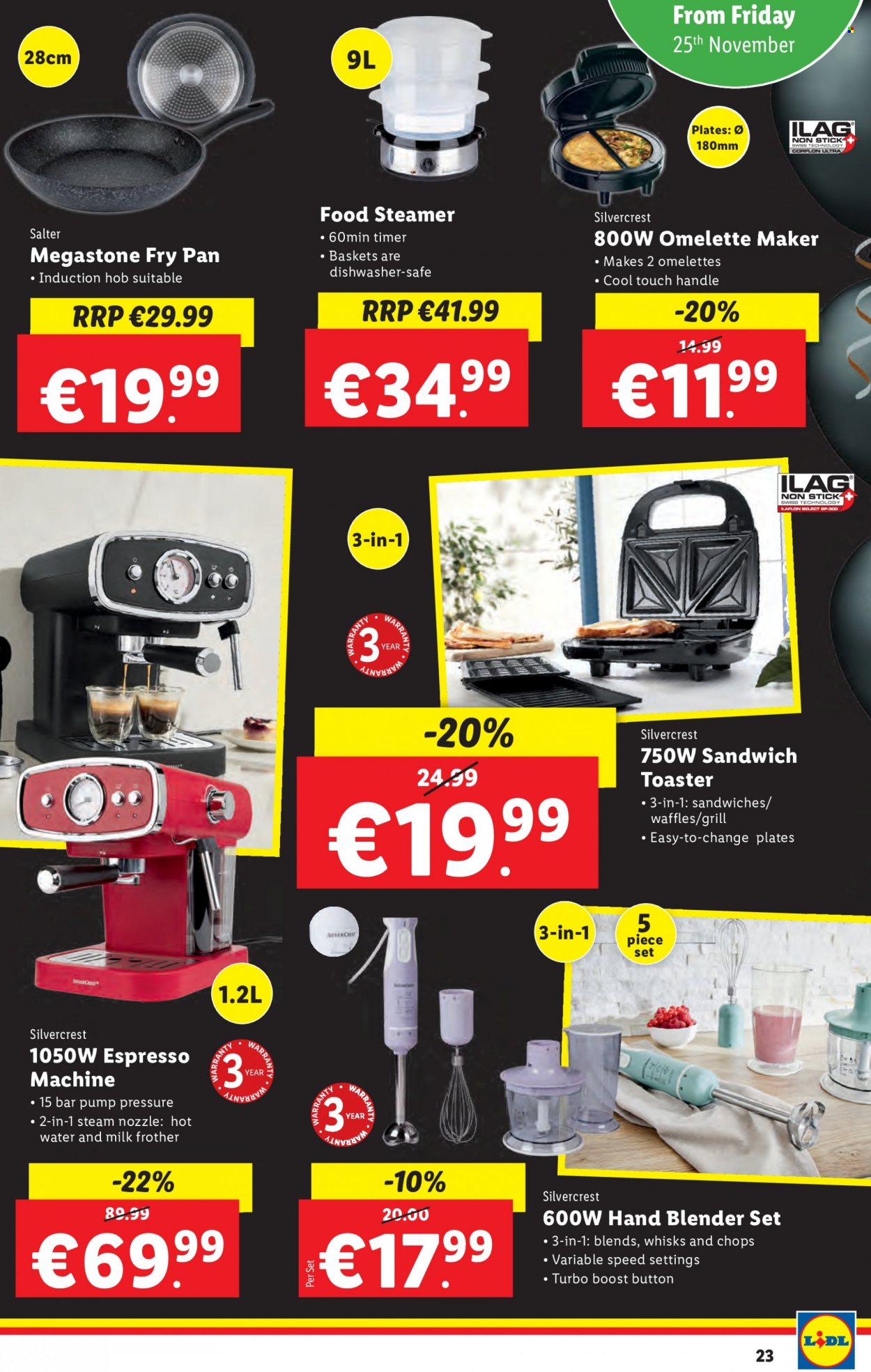 thumbnail - Lidl offer  - 24.11.2022 - 30.11.2022 - Sales products - SilverCrest, waffles, sandwich, Boost, basket, plate, pan, dishwasher, hob, coffee machine, espresso maker, hand blender, toaster, food steamer, milk frother, grill. Page 23.