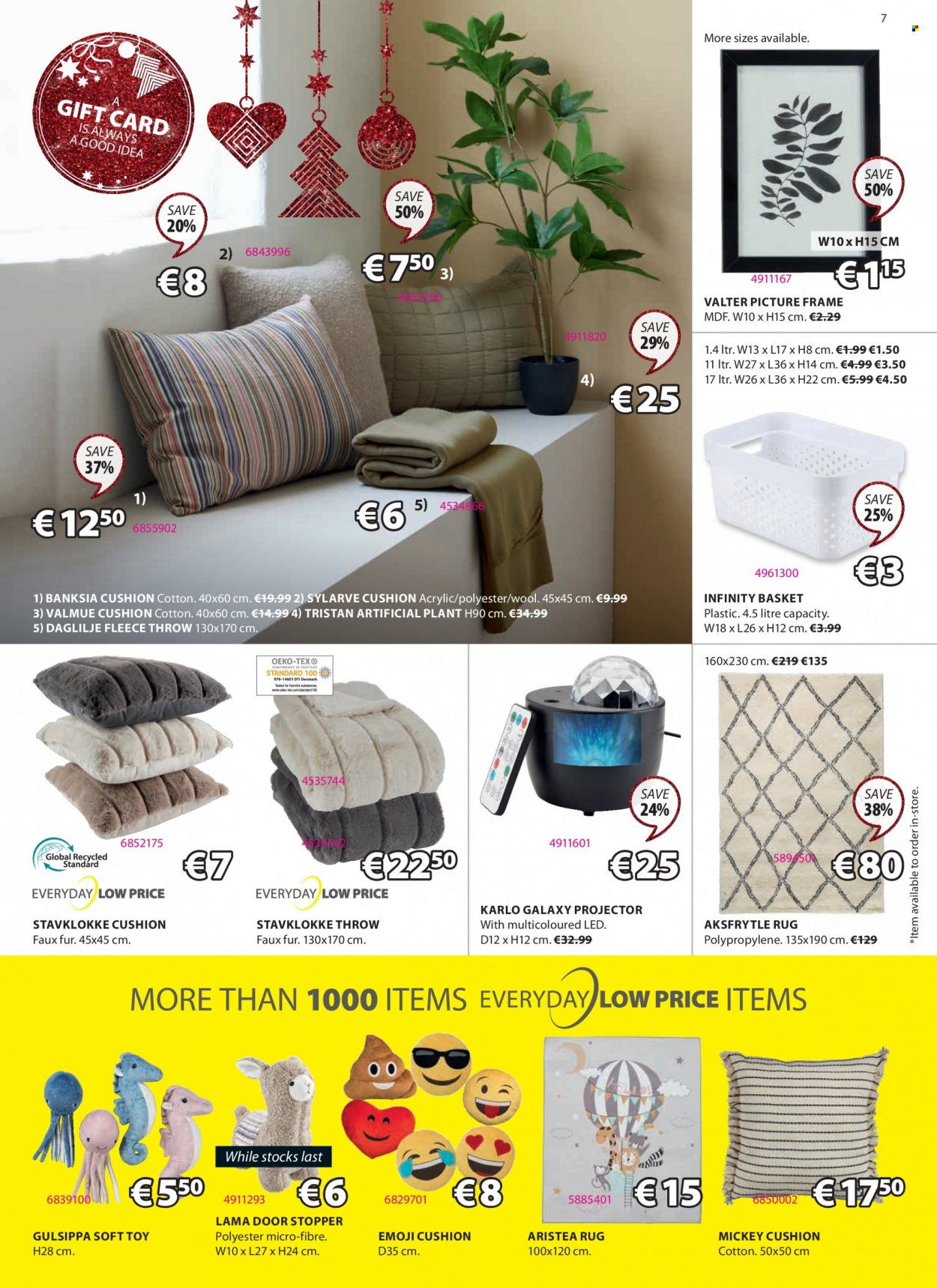 thumbnail - JYSK offer  - 17.11.2022 - 30.11.2022 - Sales products - cushion, picture frame, artificial plant, basket, Mickey Mouse, fleece throw, rug. Page 7.