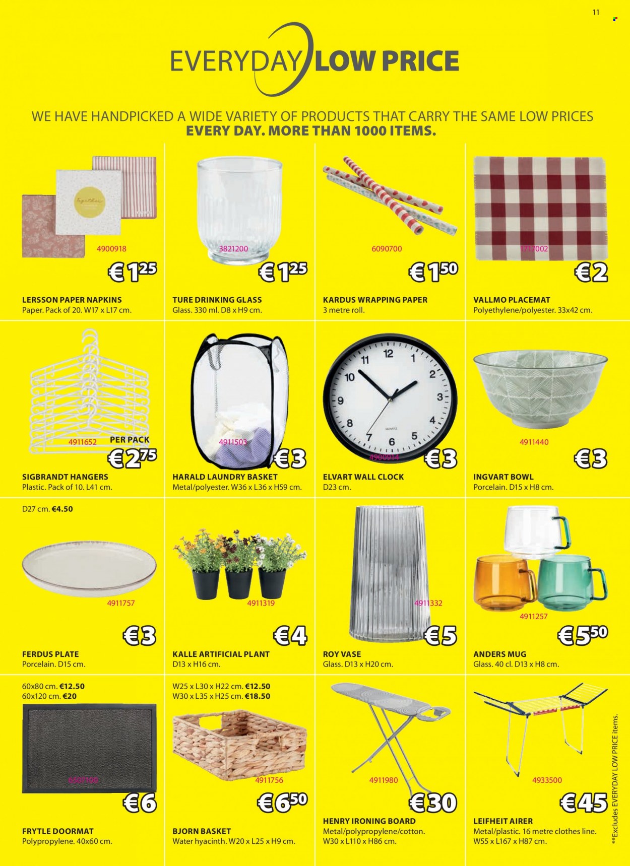 thumbnail - JYSK offer  - 17.11.2022 - 30.11.2022 - Sales products - placemat, vase, artificial plant, basket, clock, hanger, ironing board, airer, mug, plate, bowl, wrapping paper, napkins, door mat, water hyacinth. Page 11.