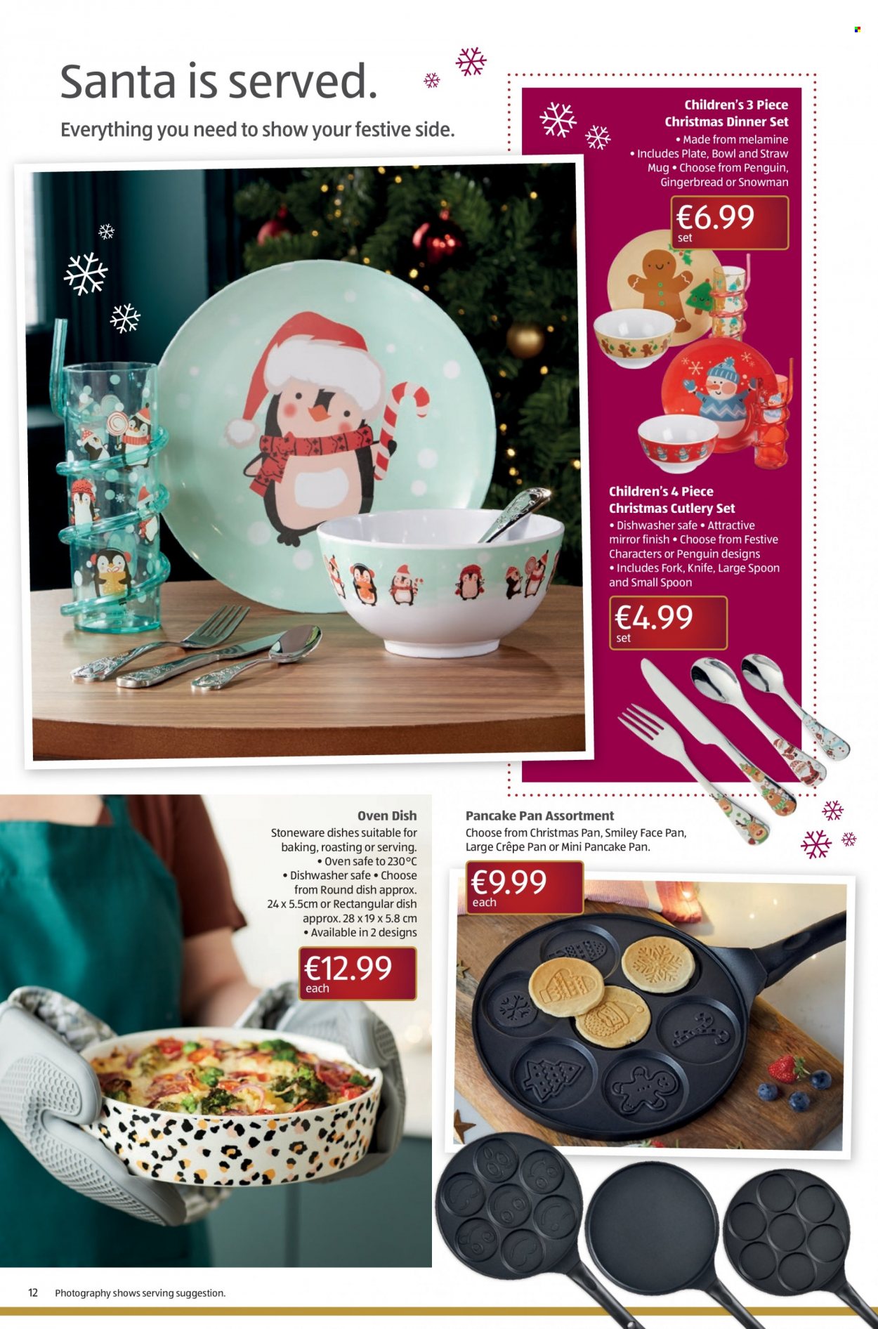 thumbnail - Aldi offer  - 24.11.2022 - 07.12.2022 - Sales products - gingerbread, Santa, knife, dinnerware set, fork, mug, spoon, plate, pan, cutlery set, straw, bowl, stoneware, penguin. Page 12.