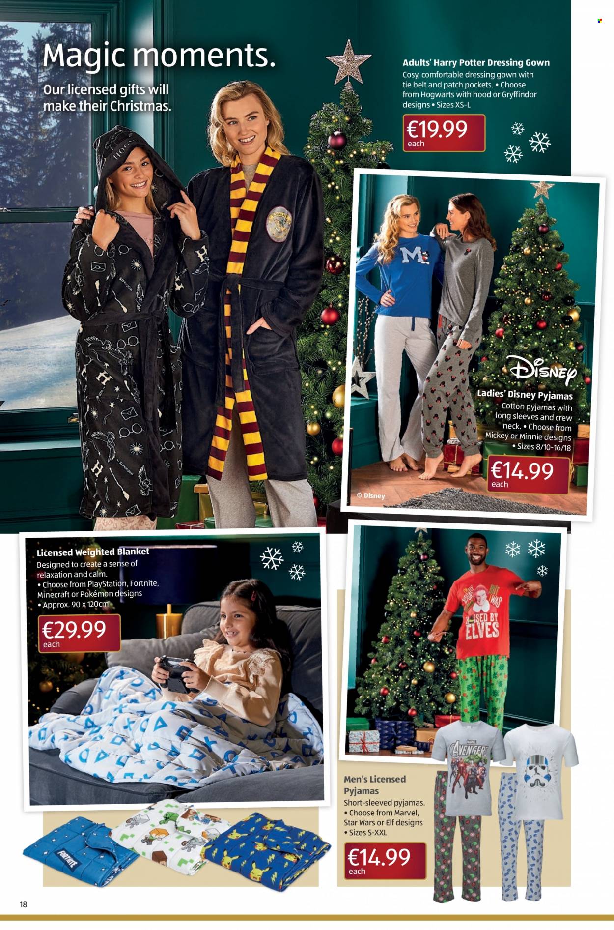 thumbnail - Aldi offer  - 24.11.2022 - 07.12.2022 - Sales products - Disney, Mickey Mouse, dressing, Harry Potter, Pokémon, Minnie Mouse, Hogwarts, blanket, Moments, weighted blanket, belt, pajamas, Elf. Page 18.