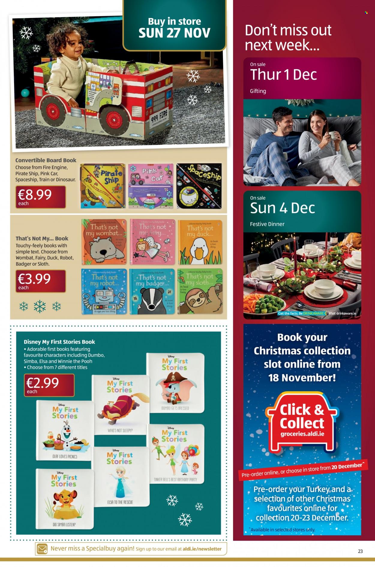 thumbnail - Aldi offer  - 24.11.2022 - 07.12.2022 - Sales products - Disney, Simba, Fairy, book, robot, train, dinosaur. Page 23.