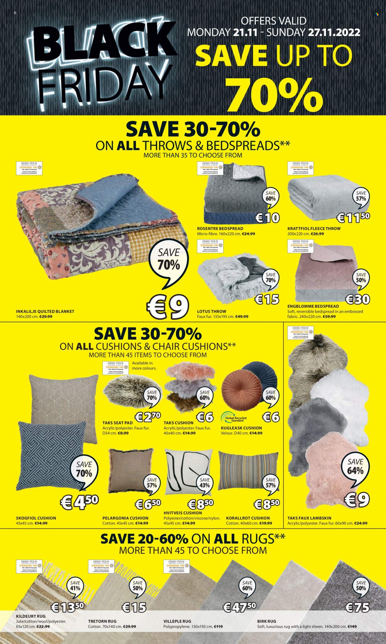thumbnail - JYSK offer  - 21.11.2022 - 27.11.2022 - Sales products - chair, Lotus, cushion, faux lambskin, chair pad, bedspread, blanket, fleece throw, rug. Page 6.