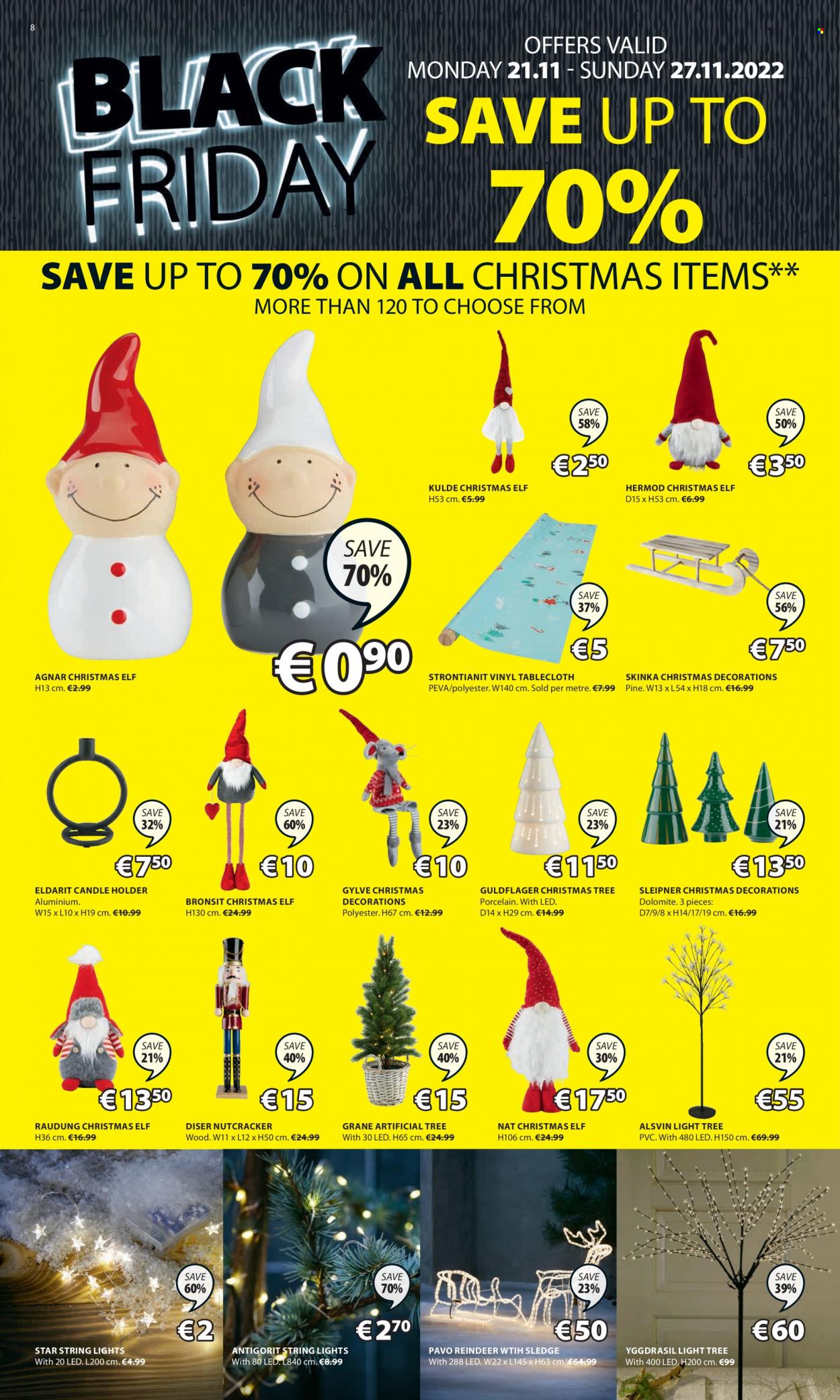 thumbnail - JYSK offer  - 21.11.2022 - 27.11.2022 - Sales products - Elf, reindeer, christmas tree, holder, candle holder, candle, tablecloth, string lights. Page 8.