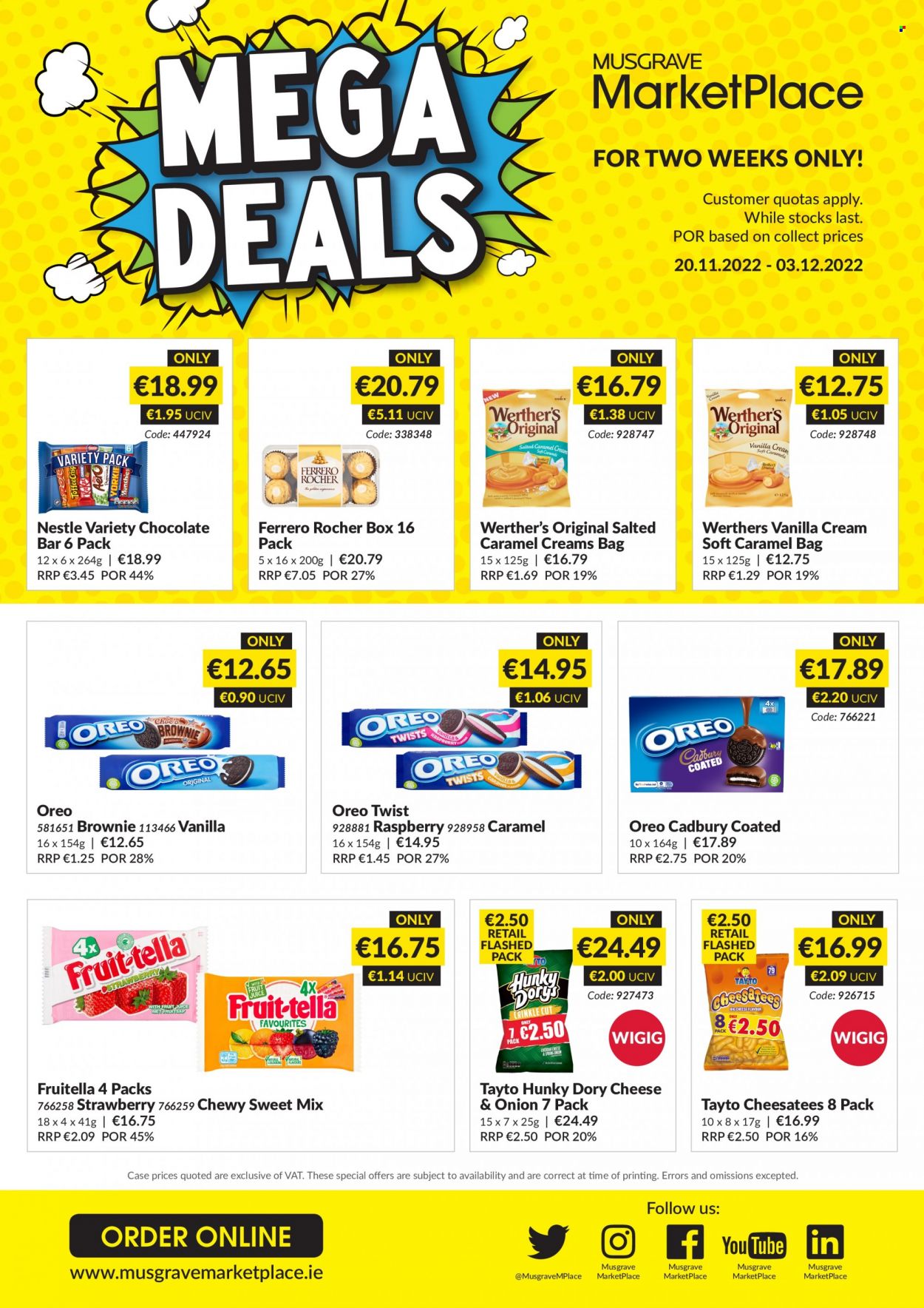thumbnail - MUSGRAVE Market Place offer  - 20.11.2022 - 03.12.2022 - Sales products - brownies, Oreo, Nestlé, Ferrero Rocher, Cadbury, chocolate bar, Tayto. Page 1.