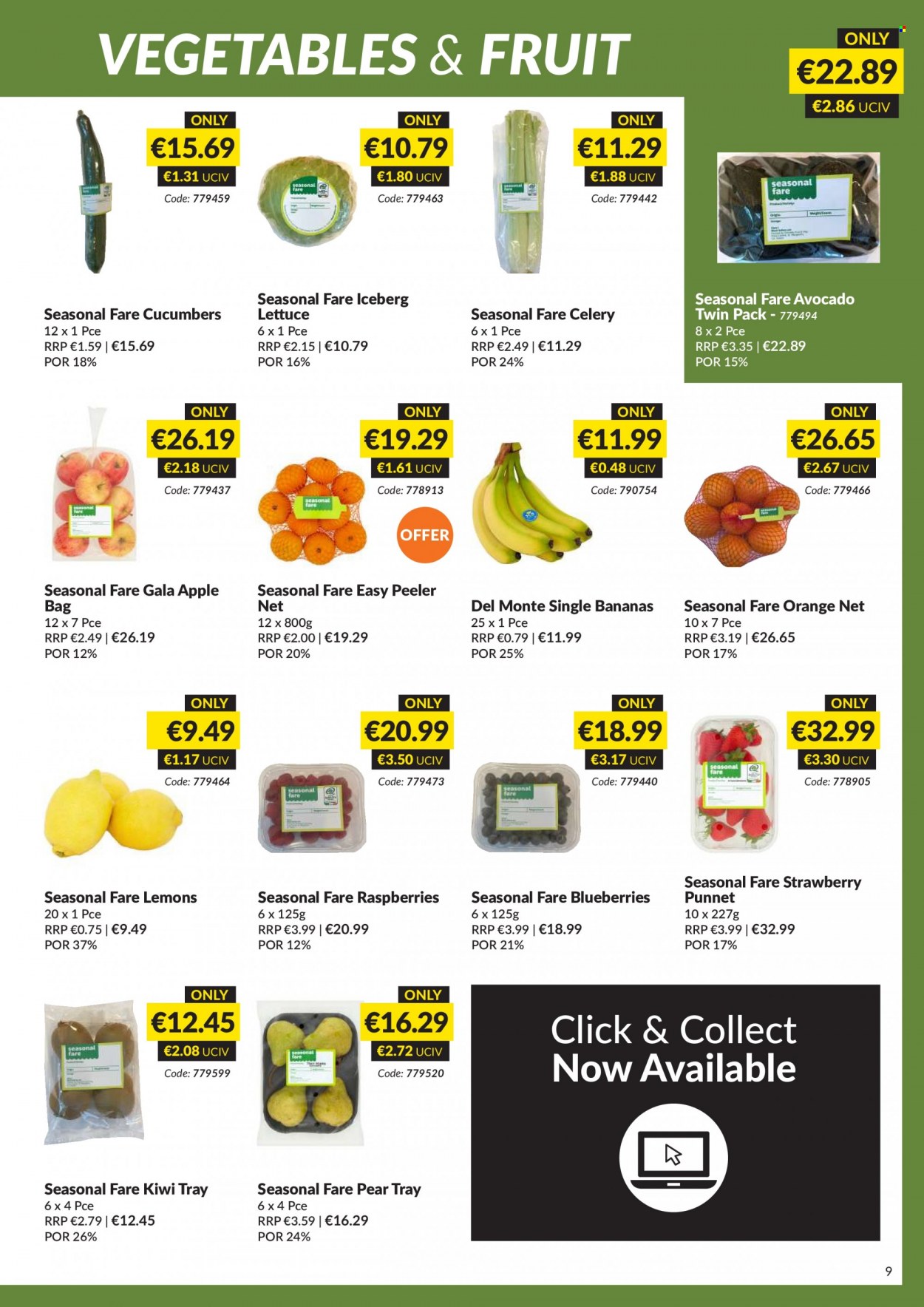 thumbnail - MUSGRAVE Market Place offer  - 20.11.2022 - 31.12.2022 - Sales products - celery, cucumber, lettuce, avocado, bananas, blueberries, Gala, kiwi, pears, oranges, lemons, Del Monte, tray, peeler. Page 9.
