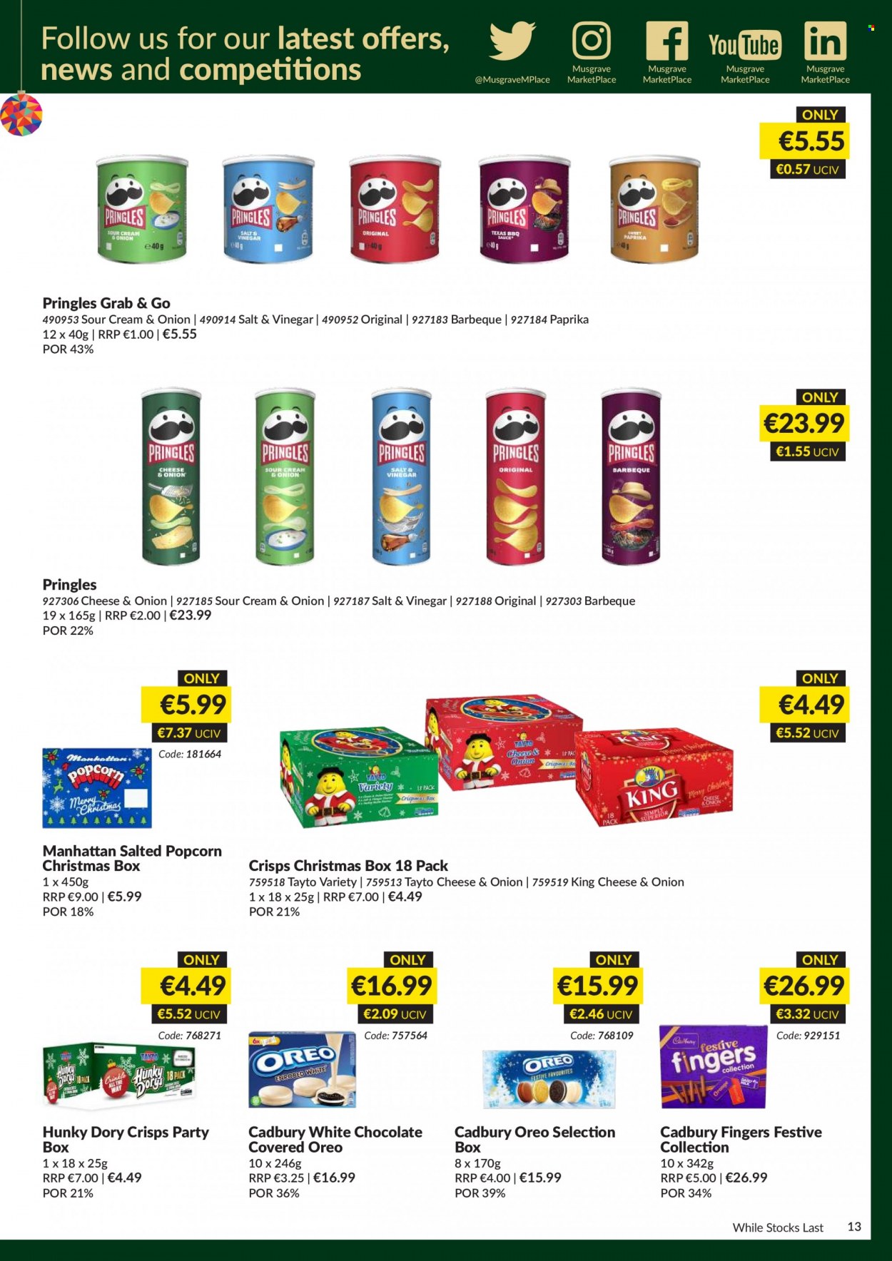 thumbnail - MUSGRAVE Market Place offer  - 20.11.2022 - 31.12.2022 - Sales products - Oreo, white chocolate, Cadbury, Pringles, Tayto, popcorn, vinegar. Page 13.