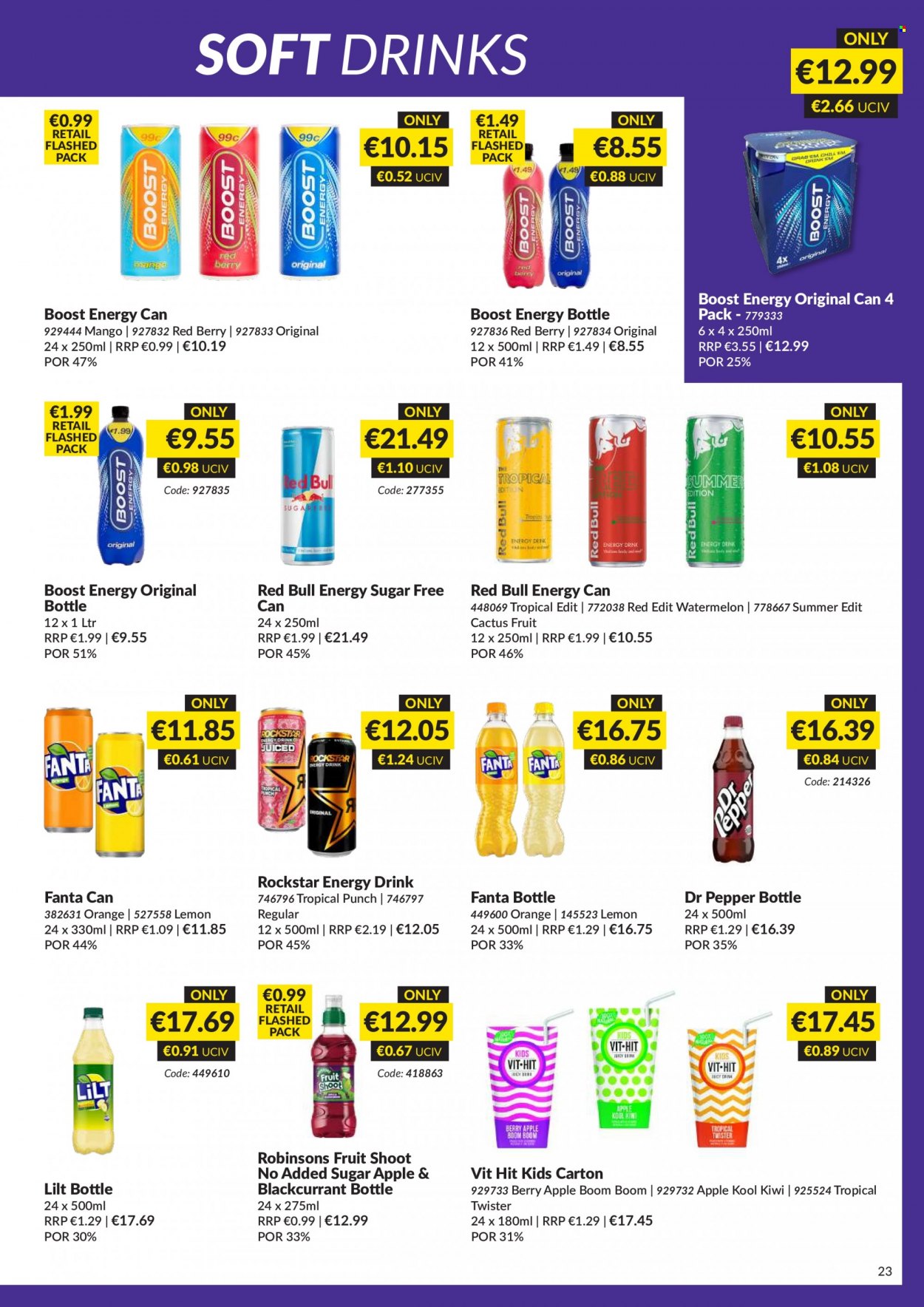 thumbnail - MUSGRAVE Market Place offer  - 20.11.2022 - 31.12.2022 - Sales products - kiwi, mango, watermelon, oranges, Fanta, energy drink, Dr. Pepper, soft drink, Red Bull, Rockstar, fruit punch, Boost, cactus. Page 23.