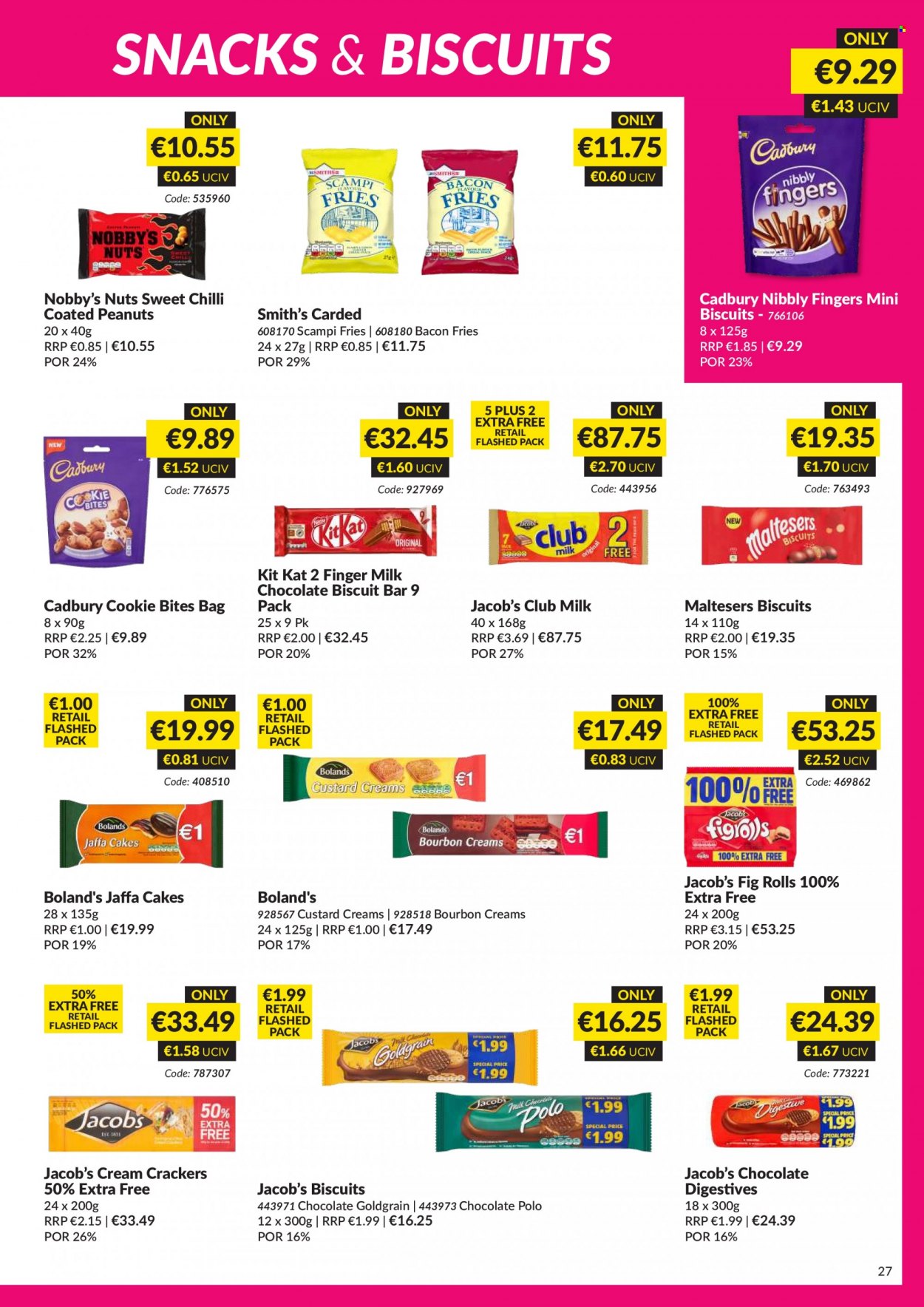 thumbnail - MUSGRAVE Market Place offer  - 20.11.2022 - 31.12.2022 - Sales products - cake, bacon, potato fries, milk chocolate, chocolate, snack, KitKat, crackers, biscuit, club milk, Maltesers, Cadbury, Smith's. Page 27.