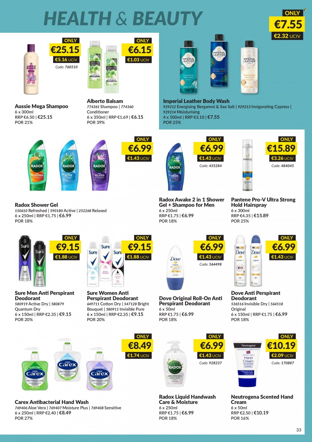 thumbnail - MUSGRAVE Market Place offer  - 20.11.2022 - 31.12.2022 - Sales products - Dove, body wash, shampoo, shower gel, hand wash, Radox, antibacterial hand wash, Carex, Neutrogena, Aussie, conditioner, Pantene, hand cream, anti-perspirant, roll-on, Sure, deodorant, bouquet. Page 33.
