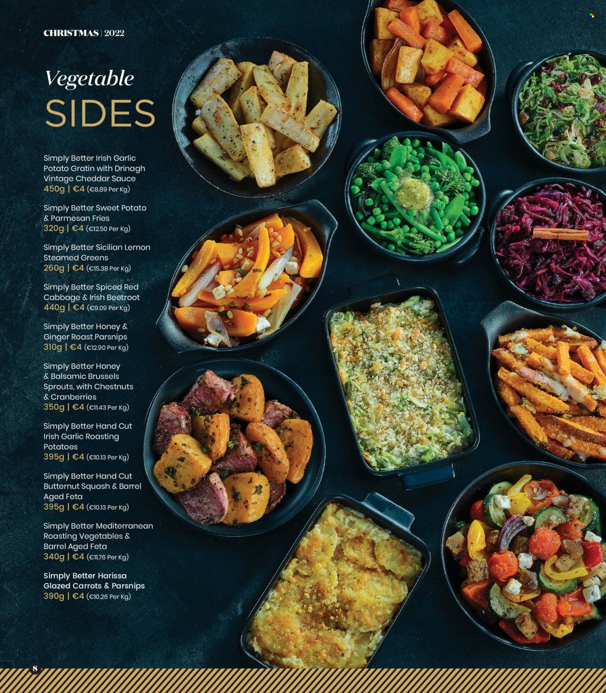 thumbnail - Dunnes Stores offer  - Sales products - butternut squash, cabbage, carrots, potatoes, parsnips, brussel sprouts, beetroot, sauce, cheddar, cheese, feta, potato fries, cranberries, honey, chestnuts. Page 8.