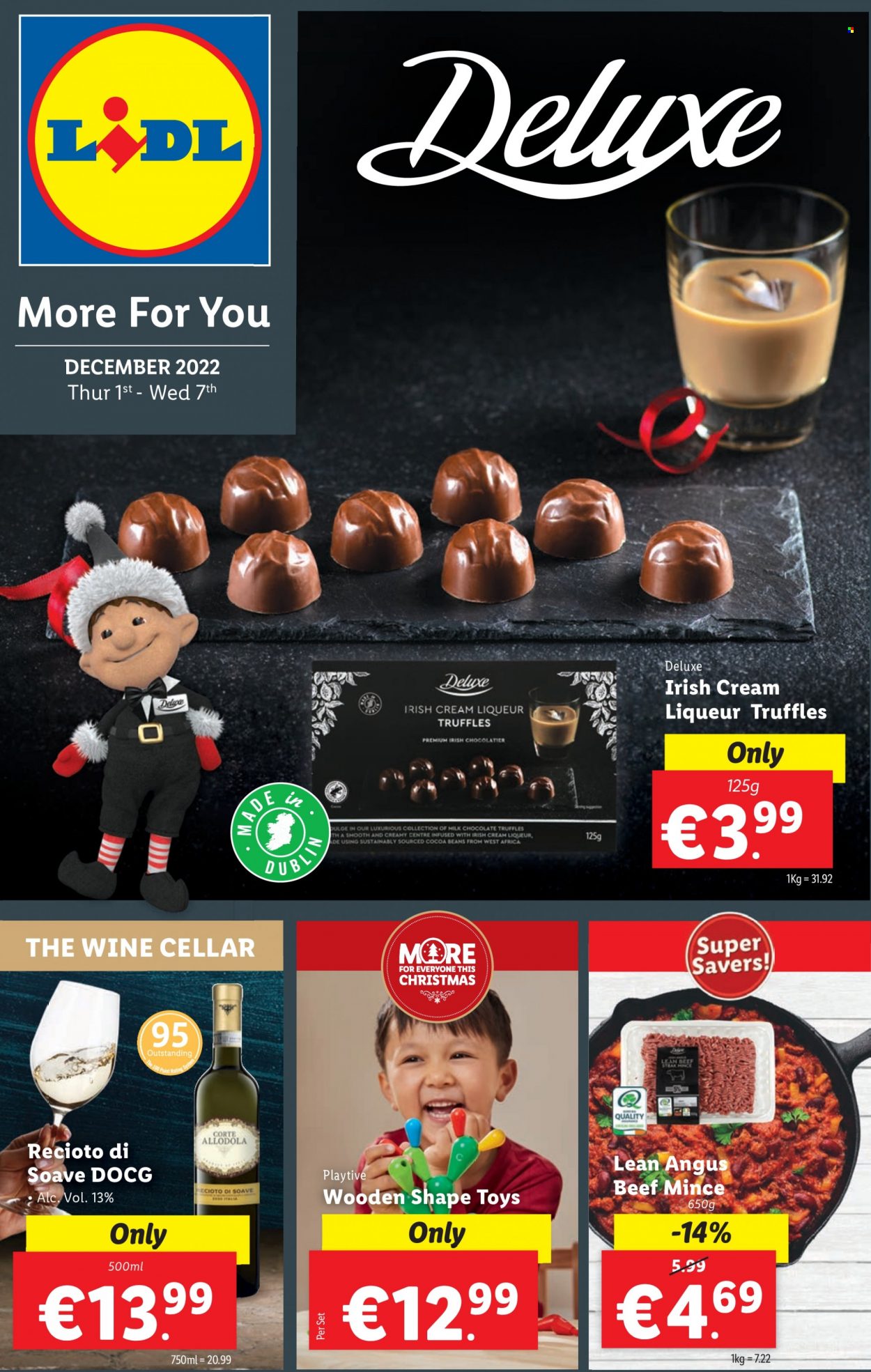 thumbnail - Lidl offer  - 01.12.2022 - 07.12.2022 - Sales products - beans, milk chocolate, chocolate, truffles, wine, liqueur, irish cream, beef meat, beef steak, ground beef, steak, toys. Page 1.