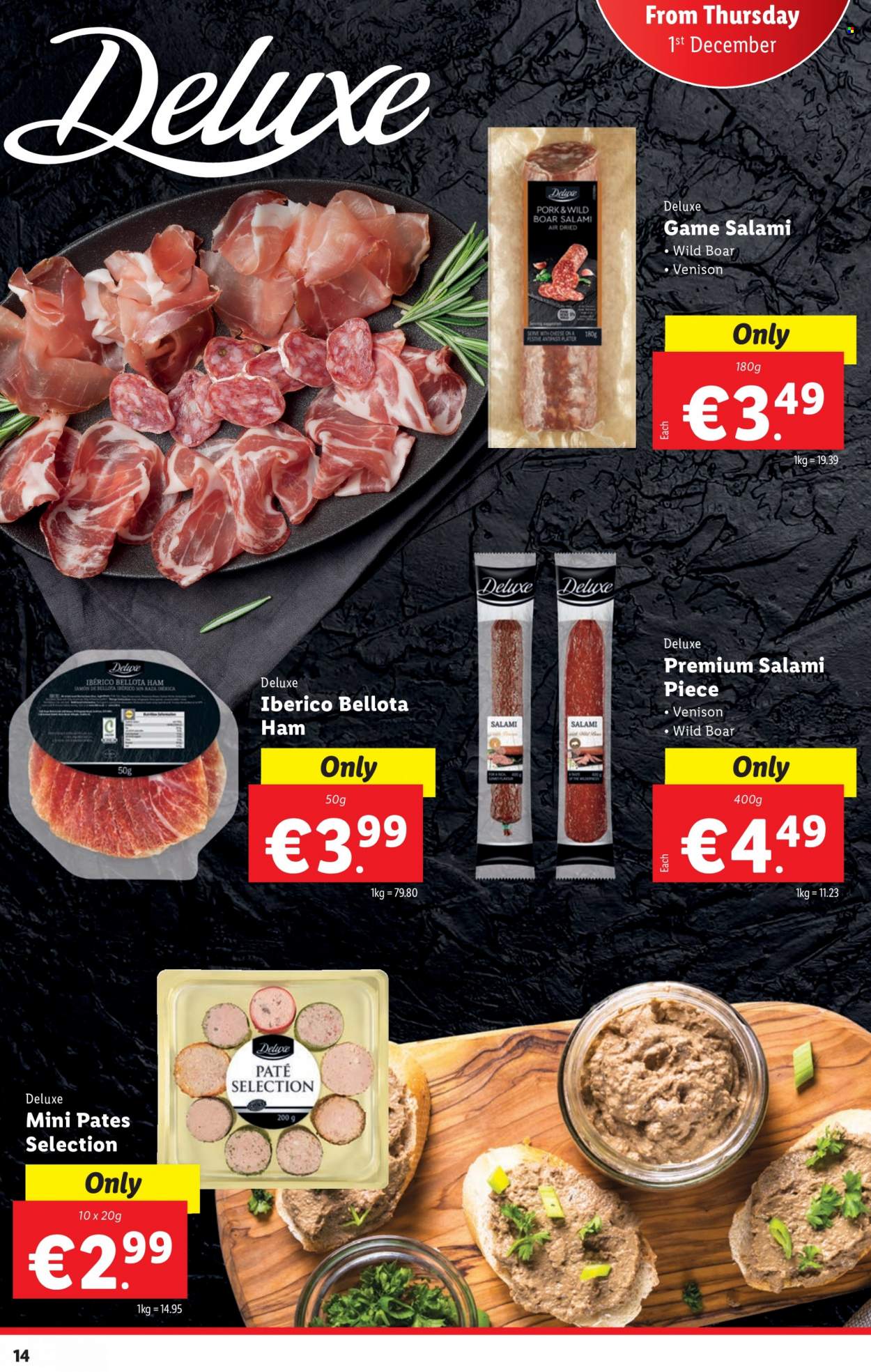 thumbnail - Lidl offer  - 01.12.2022 - 07.12.2022 - Sales products - boar meat, venison meat, salami, ham, cheese. Page 14.