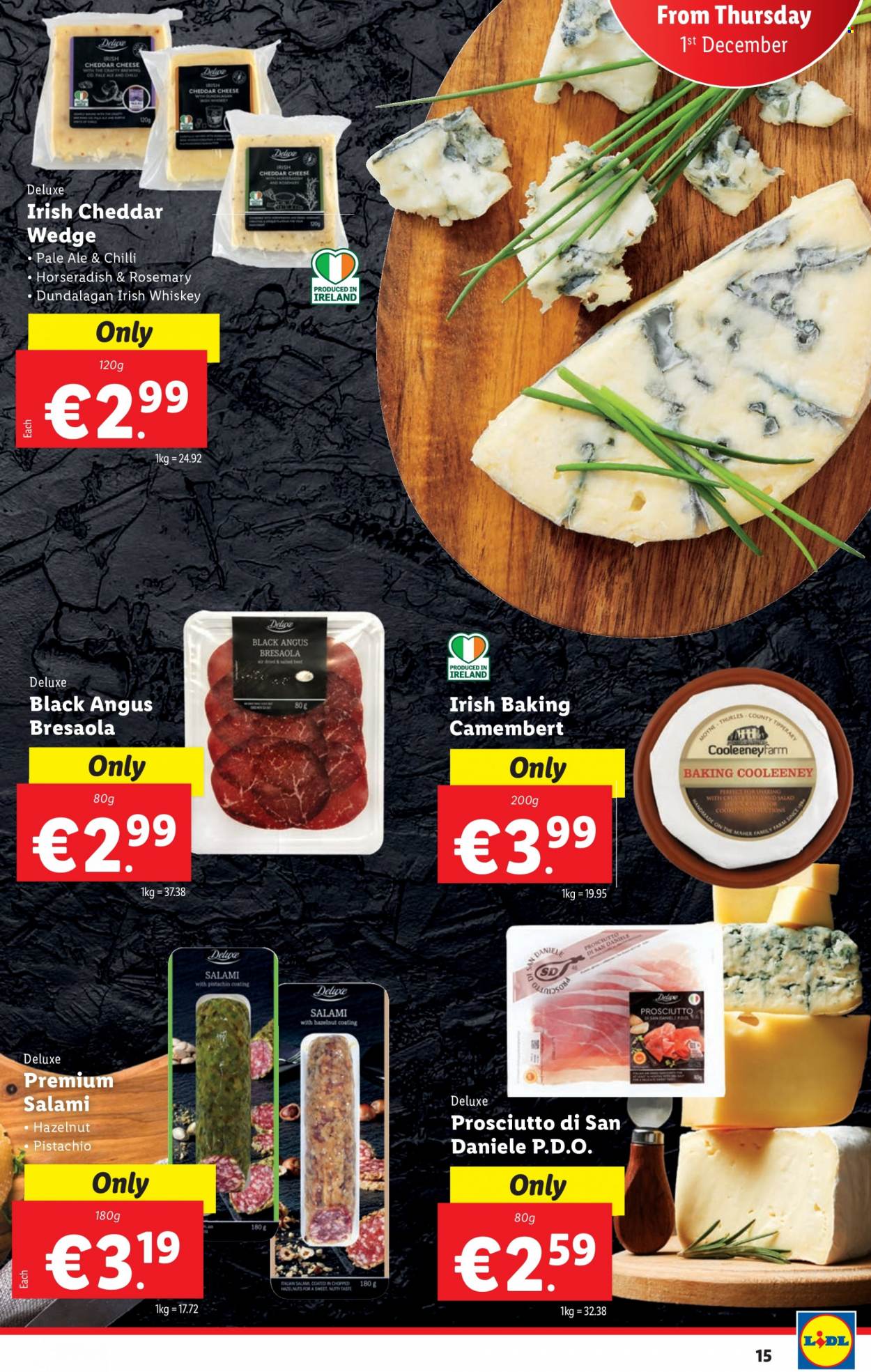thumbnail - Lidl offer  - 01.12.2022 - 07.12.2022 - Sales products - bread, horseradish, salami, prosciutto, camembert, cheddar, cheese, hazelnuts, whiskey, irish whiskey, whisky. Page 15.