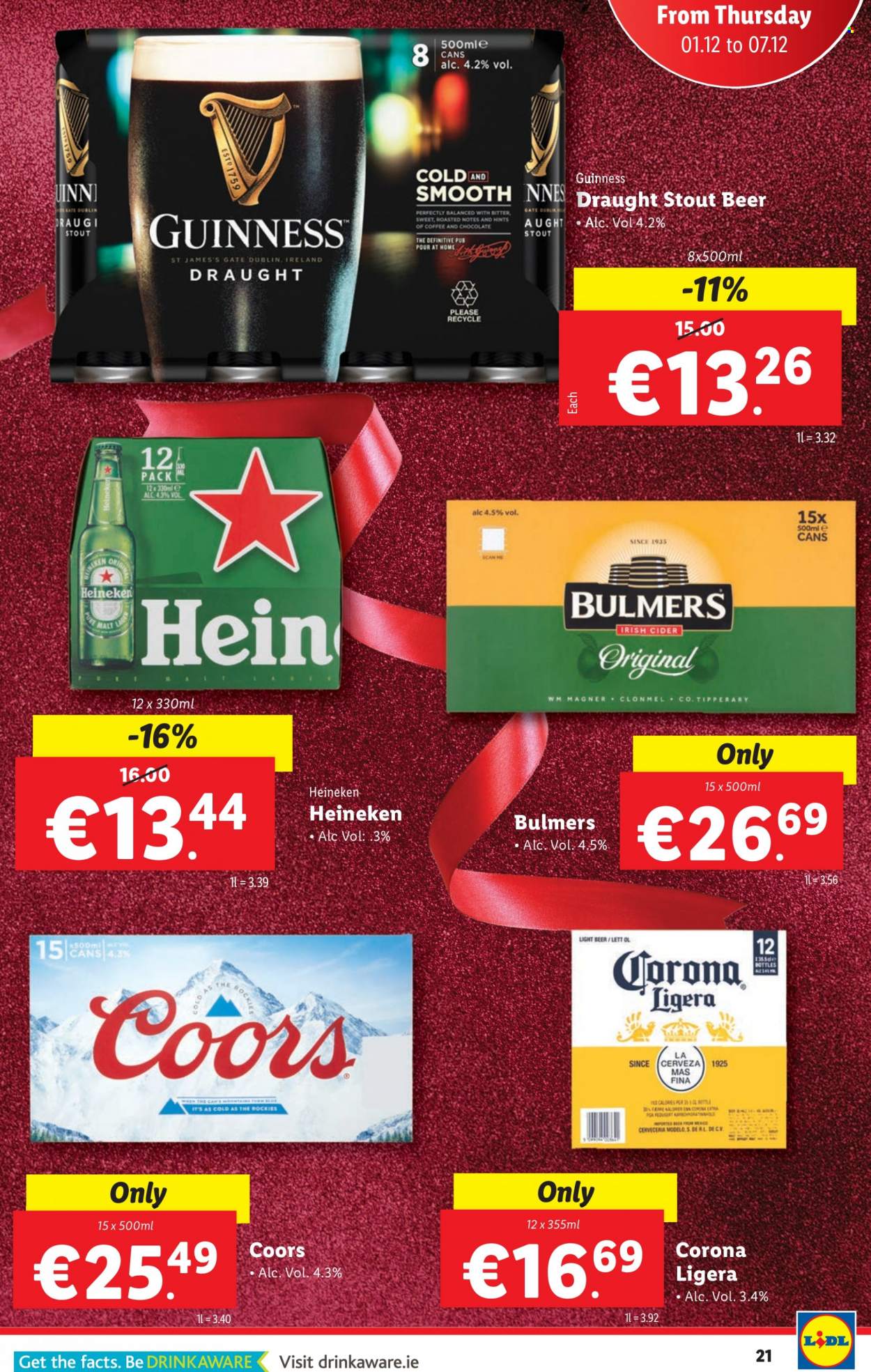 thumbnail - Lidl offer  - 01.12.2022 - 07.12.2022 - Sales products - malt, coffee, cider, beer, Corona Extra, Heineken, Bulmers, Guinness, Modelo, Coors. Page 22.