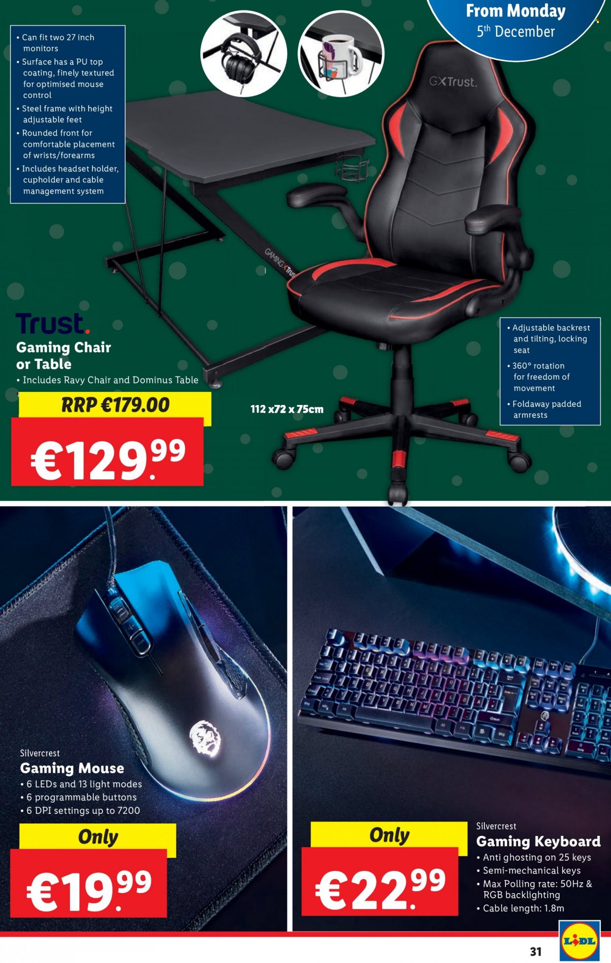 thumbnail - Lidl offer  - 01.12.2022 - 07.12.2022 - Sales products - table, chair, gaming keyboard, gaming mouse, Trust, SilverCrest, holder, keyboard, mouse, headset. Page 32.