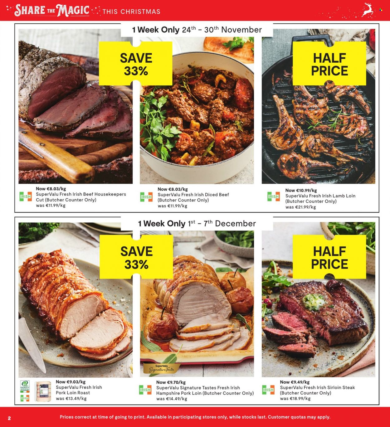thumbnail - SuperValu offer  - 24.11.2022 - 07.12.2022 - Sales products - beef meat, beef sirloin, steak, diced beef, sirloin steak, pork loin, pork meat, lamb loin, lamb meat. Page 2.