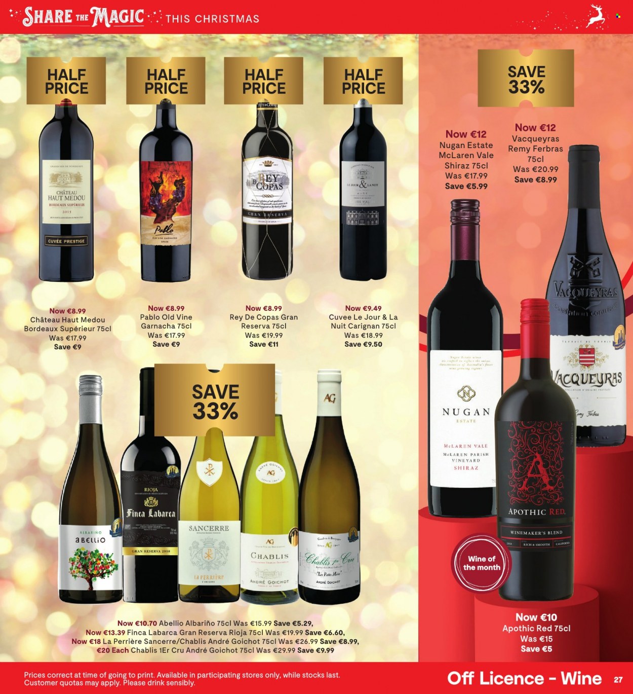 thumbnail - SuperValu offer  - 24.11.2022 - 07.12.2022 - Sales products - red wine, white wine, wine, Cuvée, Rey de Copas, Pablo, Finca Labarca, Abellio Albariño, Shiraz. Page 27.