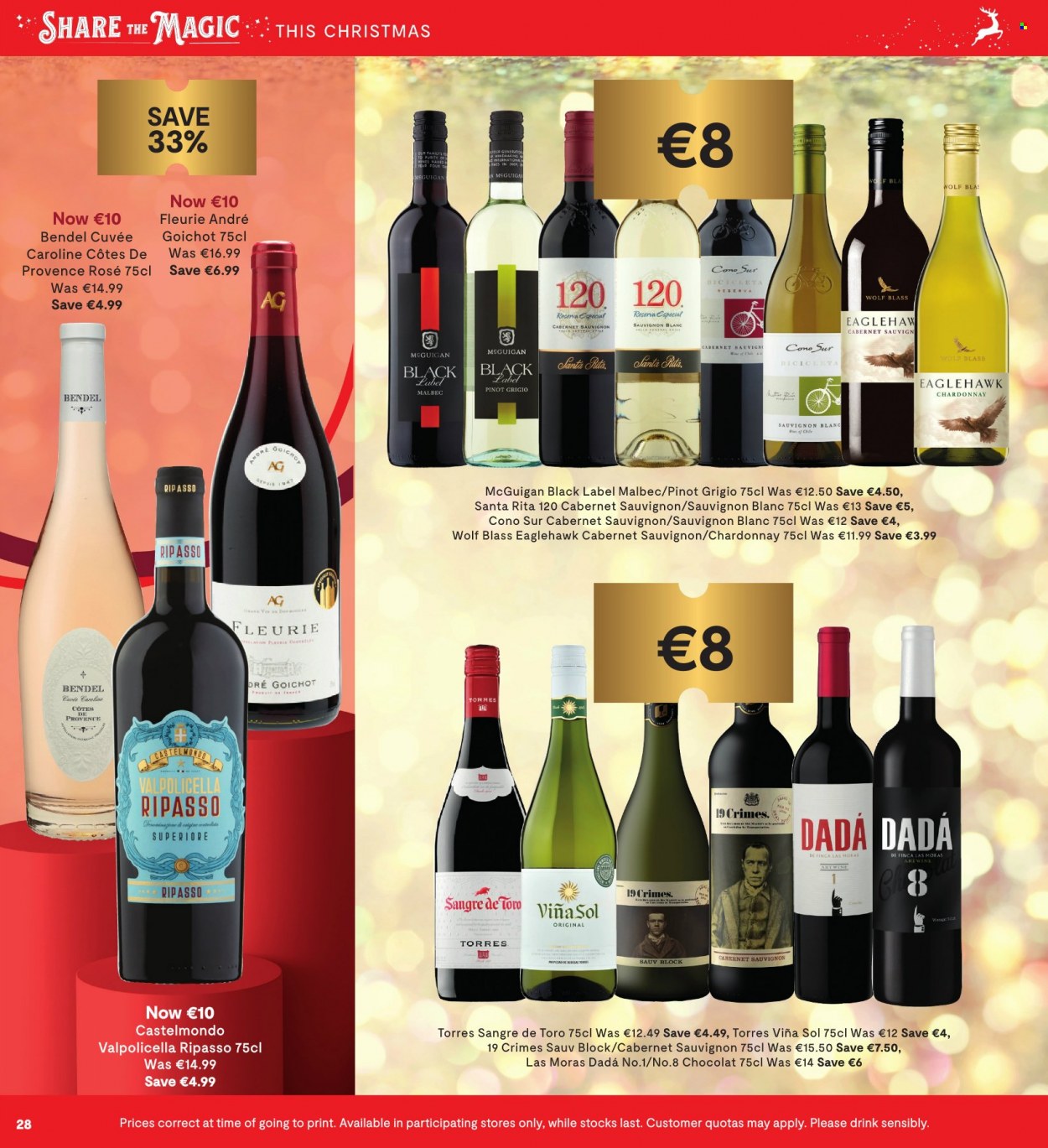 thumbnail - SuperValu offer  - 24.11.2022 - 07.12.2022 - Sales products - Cabernet Sauvignon, red wine, white wine, Chardonnay, wine, Cuvée, Pinot Grigio, Sauvignon Blanc, rosé wine, Sol. Page 28.